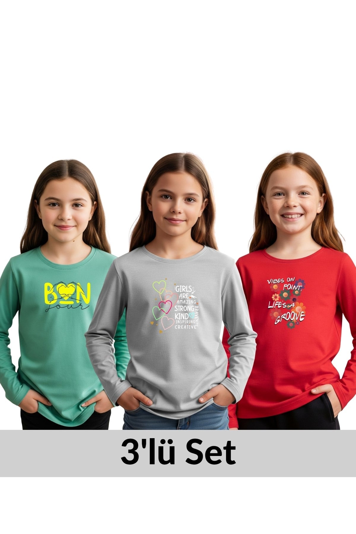 3'LÜ YUVARLAK YAKA BASKI DETAYLI KIZ ÇOCUK SWEATSHİRT