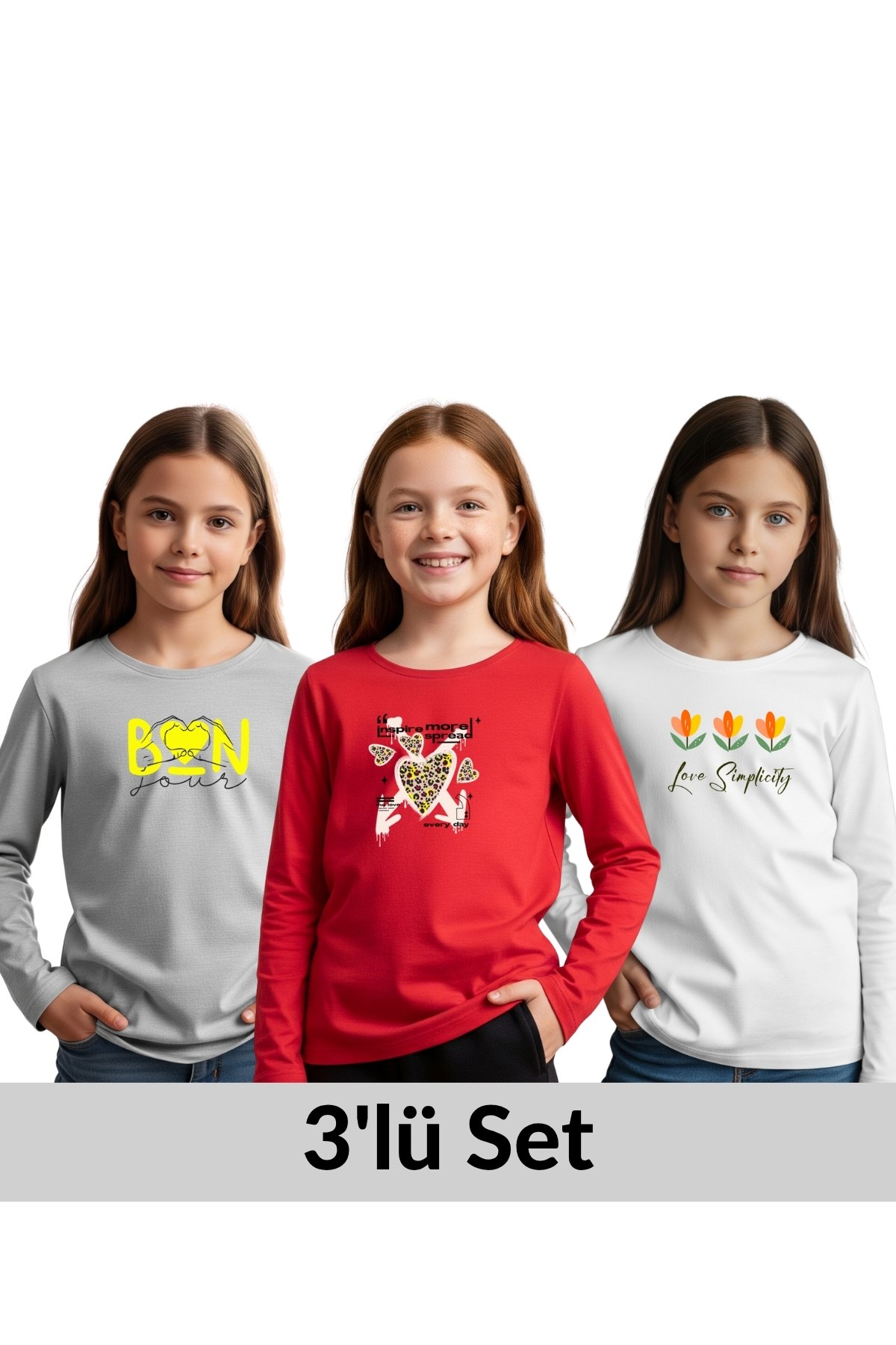 3'LÜ YUVARLAK YAKA BASKI DETAYLI KIZ ÇOCUK SWEATSHİRT