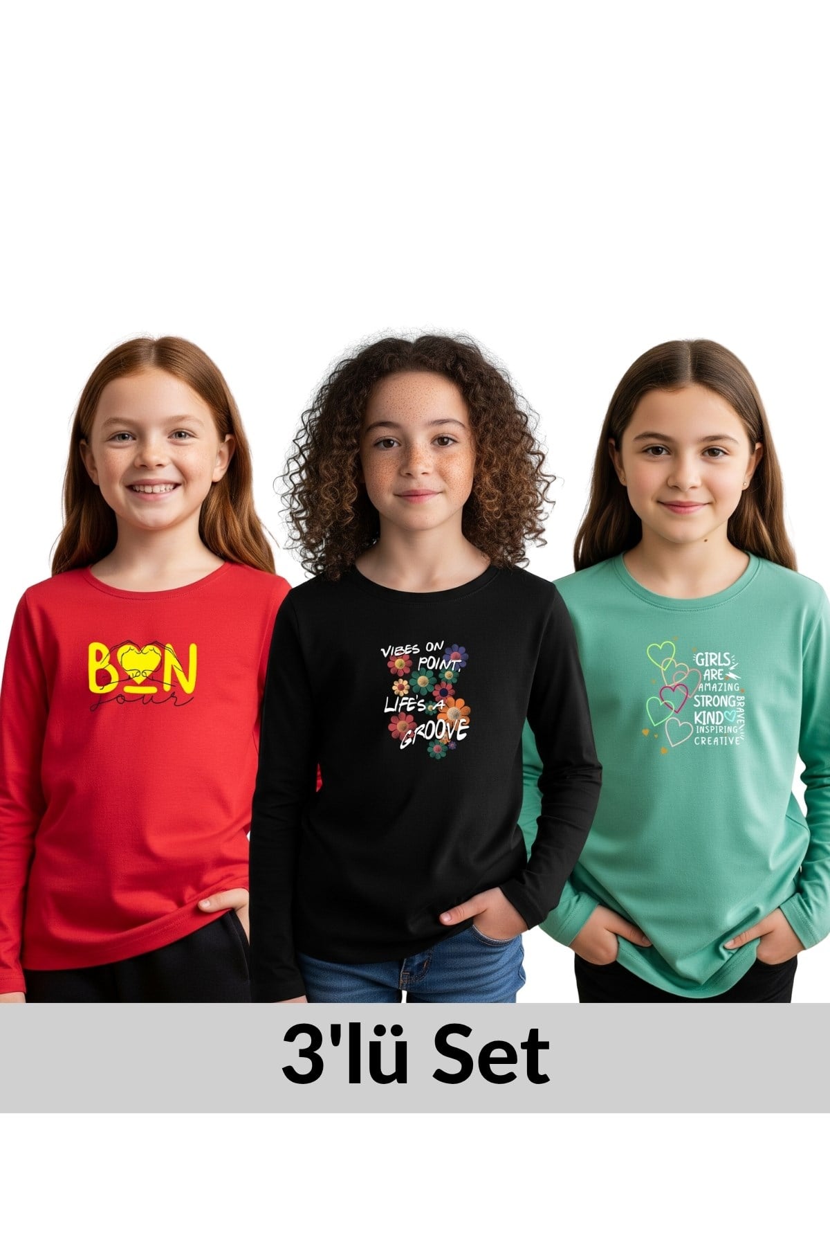 3'LÜ YUVARLAK YAKA BASKI DETAYLI KIZ ÇOCUK SWEATSHİRT