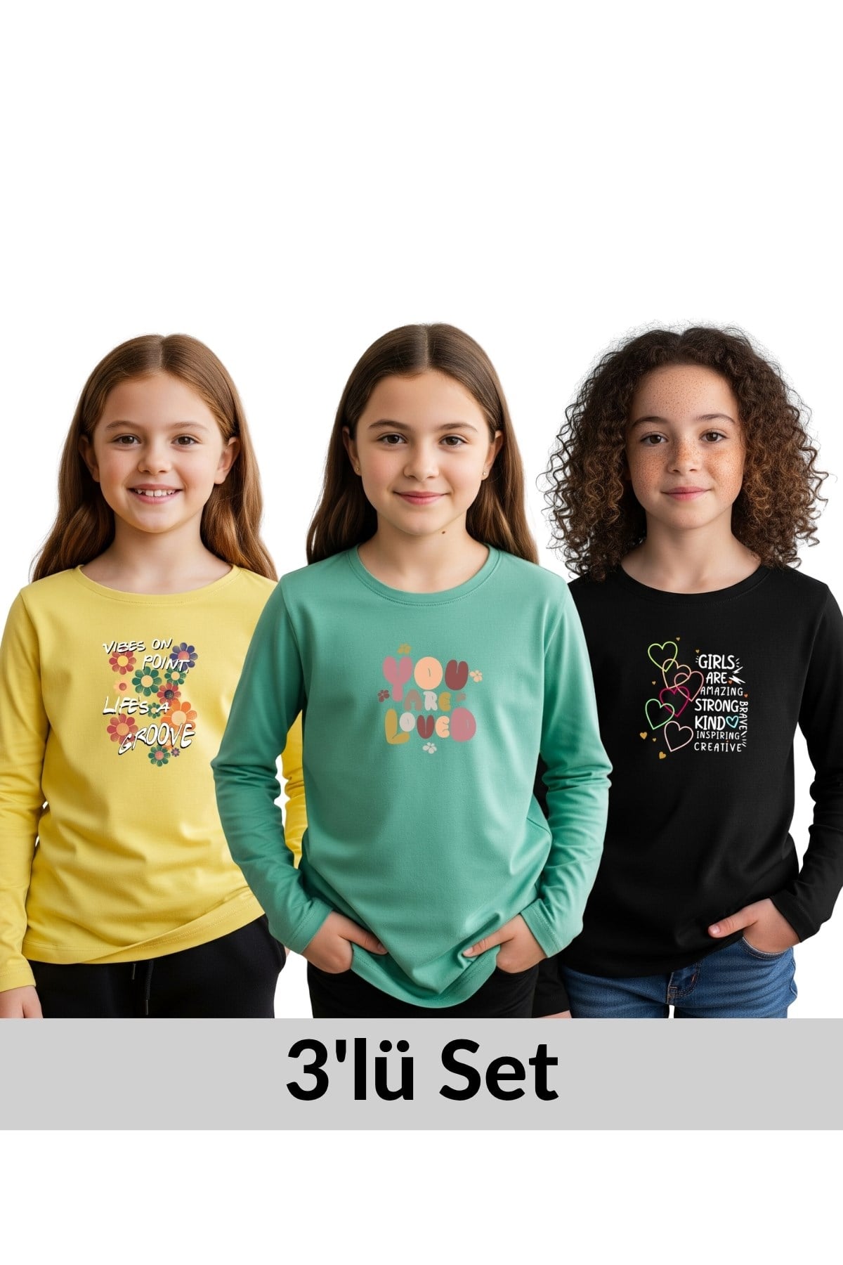 3'LÜ YUVARLAK YAKA BASKI DETAYLI KIZ ÇOCUK SWEATSHİRT
