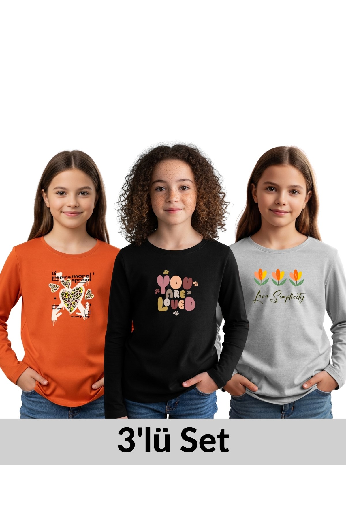 3'LÜ YUVARLAK YAKA BASKI DETAYLI KIZ ÇOCUK SWEATSHİRT