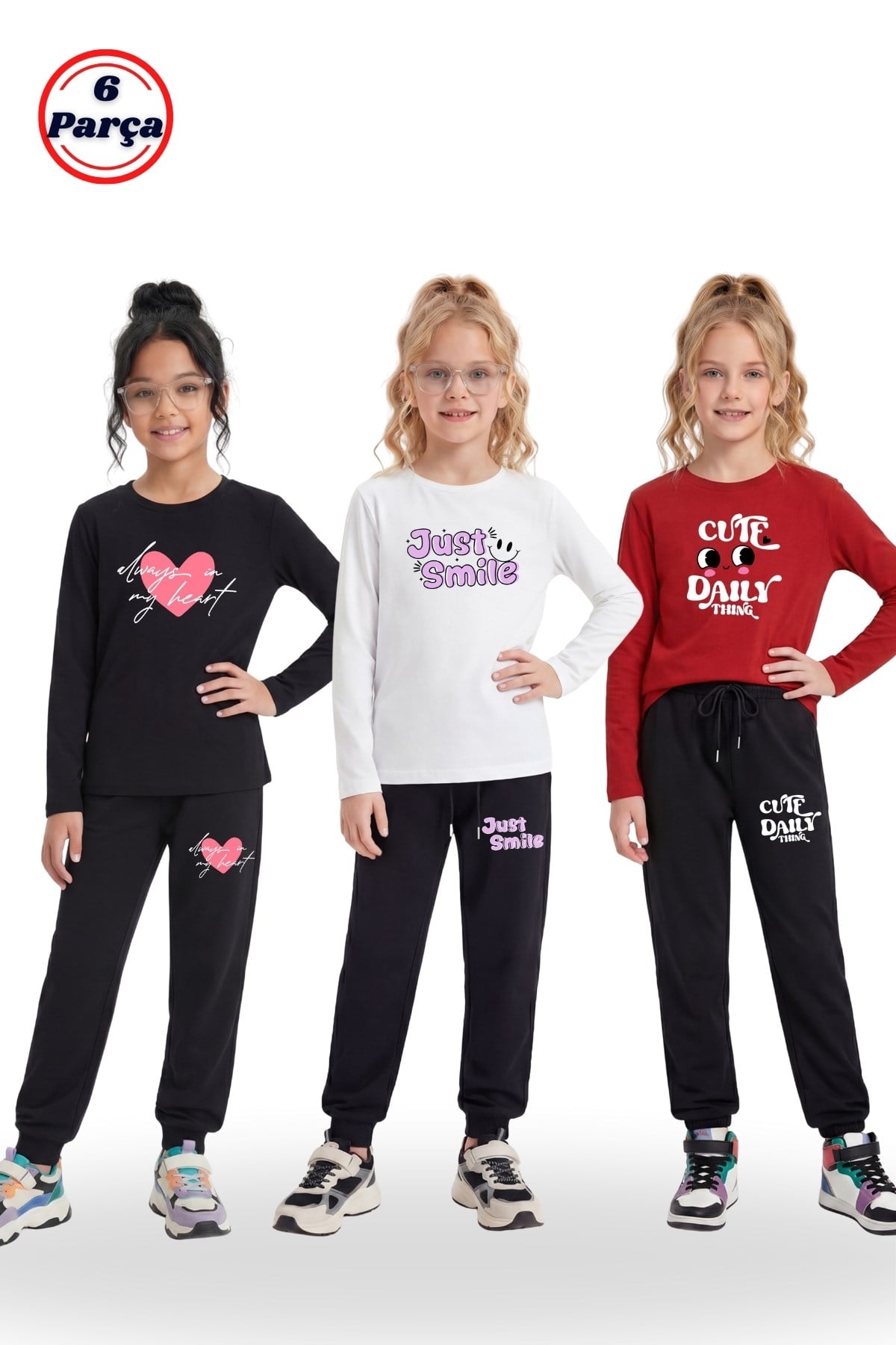 3'lü Yuvarlak Yaka Sweatshirt Siyah Eşofmanlı Baskı Detaylı 6 Parça Kız Çocuk Alt Üst Takım