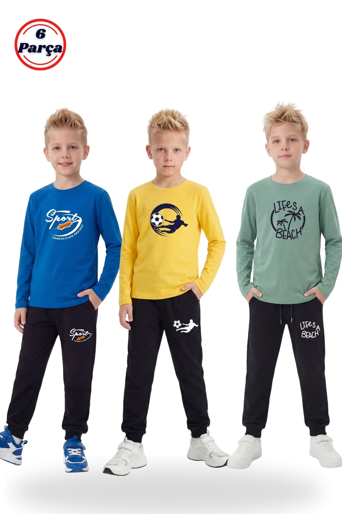 3'lü Yuvarlak Yaka Sweatshirt Siyah Eşofmanlı Baskı Detaylı 6 Parça Erkek Çocuk Alt Üst Takım