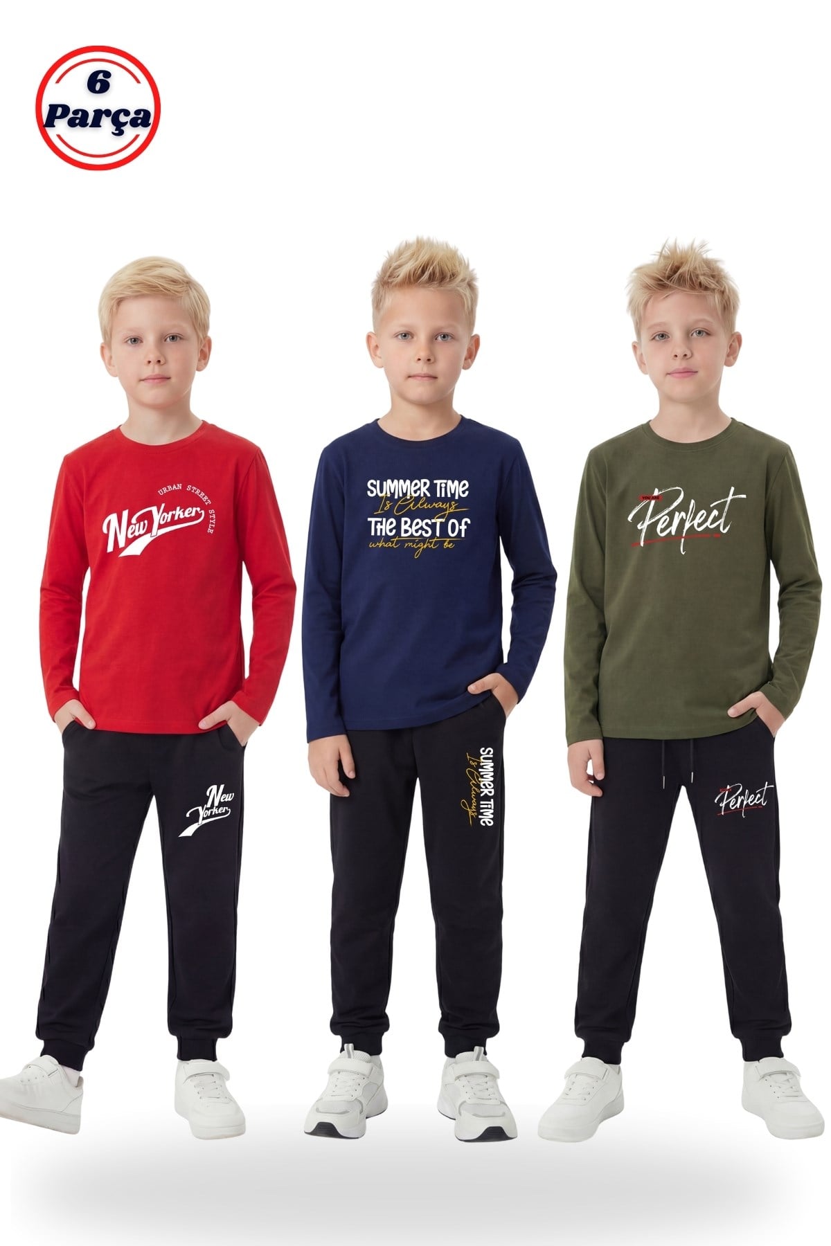 3'lü Yuvarlak Yaka Sweatshirt Siyah Eşofmanlı Baskı Detaylı 6 Parça Erkek Çocuk Alt Üst Takım