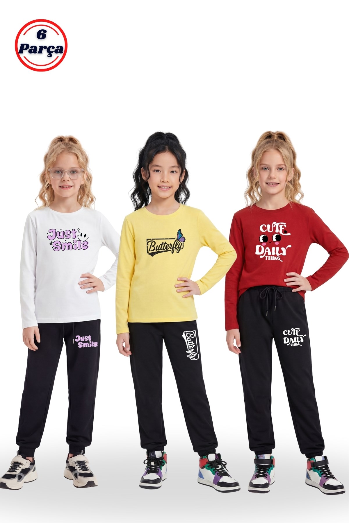 3'lü Yuvarlak Yaka Sweatshirt Siyah Eşofmanlı Baskı Detaylı 6 Parça Kız Çocuk Alt Üst Takım