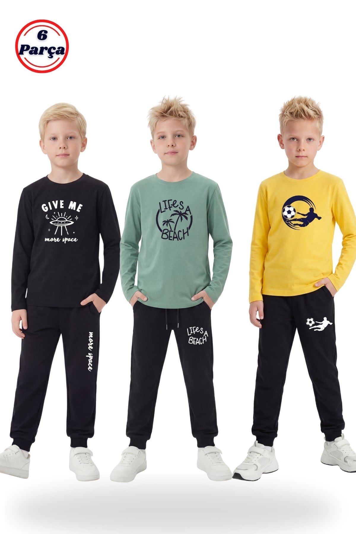 3'lü Yuvarlak Yaka Sweatshirt Siyah Eşofmanlı Baskı Detaylı 6 Parça Erkek Çocuk Alt Üst Takım