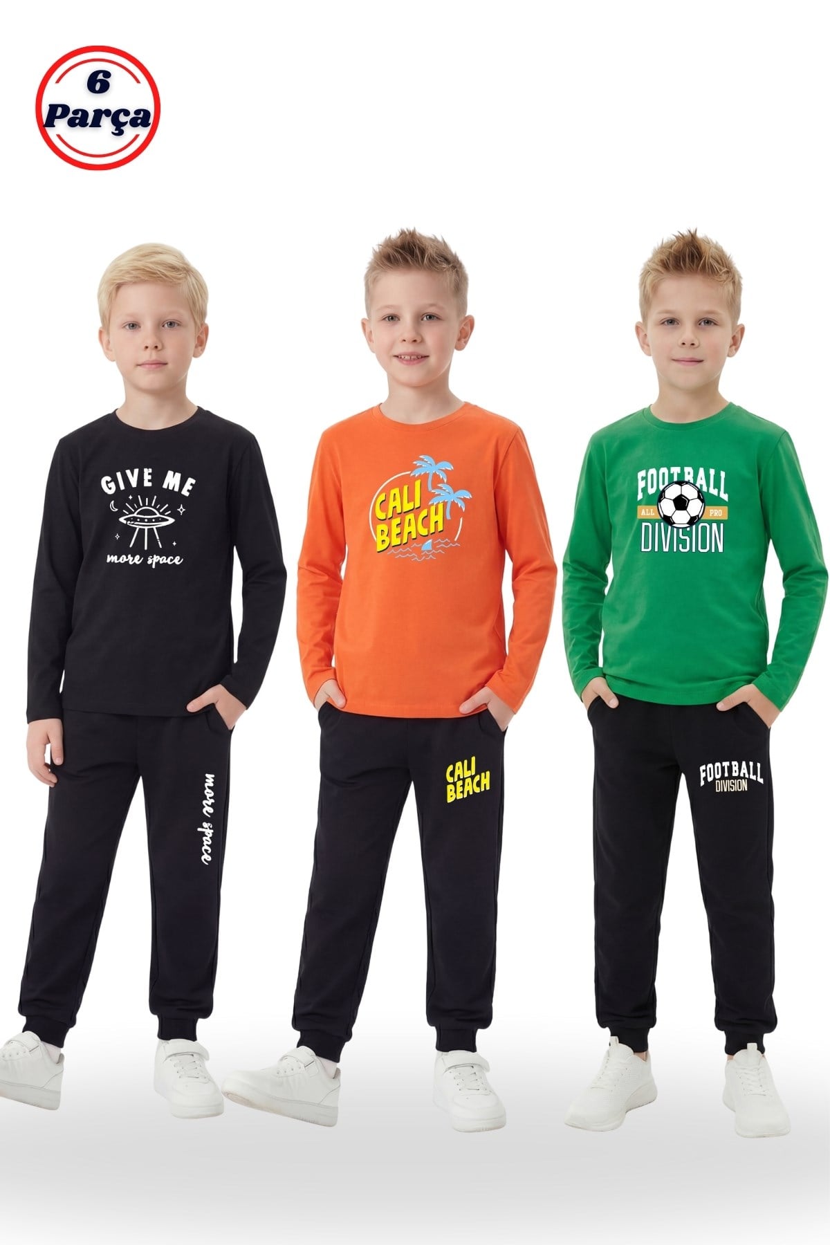 3'lü Yuvarlak Yaka Sweatshirt Siyah Eşofmanlı Baskı Detaylı 6 Parça Erkek Çocuk Alt Üst Takım