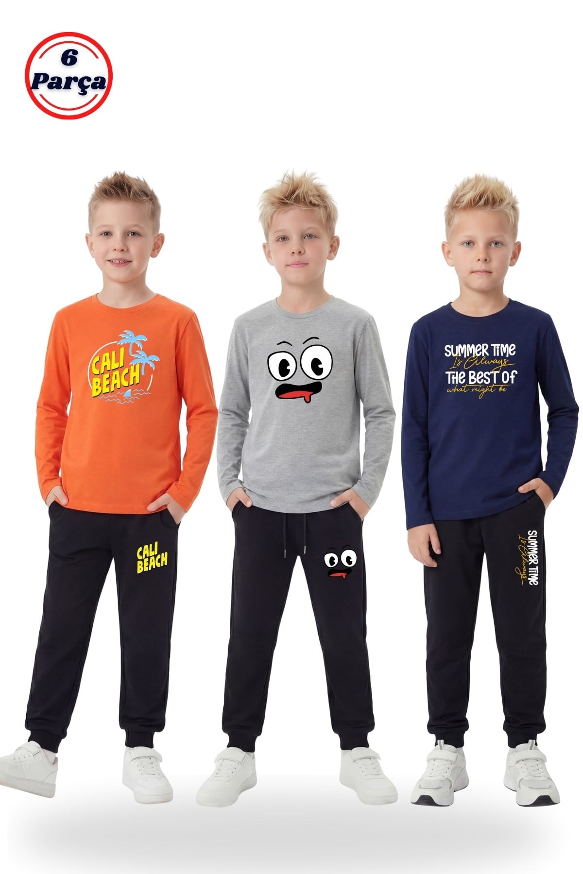 3'lü Yuvarlak Yaka Sweatshirt Siyah Eşofmanlı Baskı Detaylı 6 Parça Erkek Çocuk Alt Üst Takım