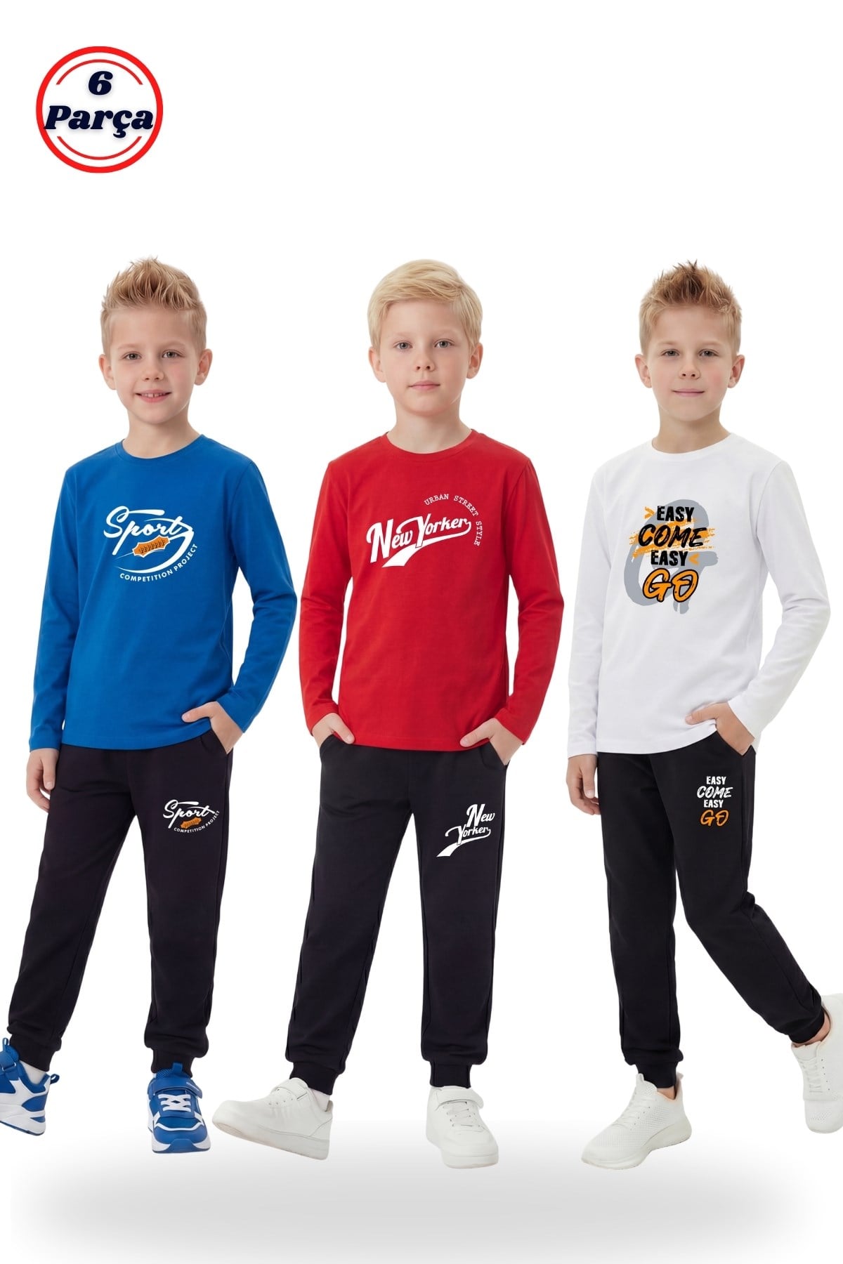 3'lü Yuvarlak Yaka Sweatshirt Siyah Eşofmanlı Baskı Detaylı 6 Parça Erkek Çocuk Alt Üst Takım
