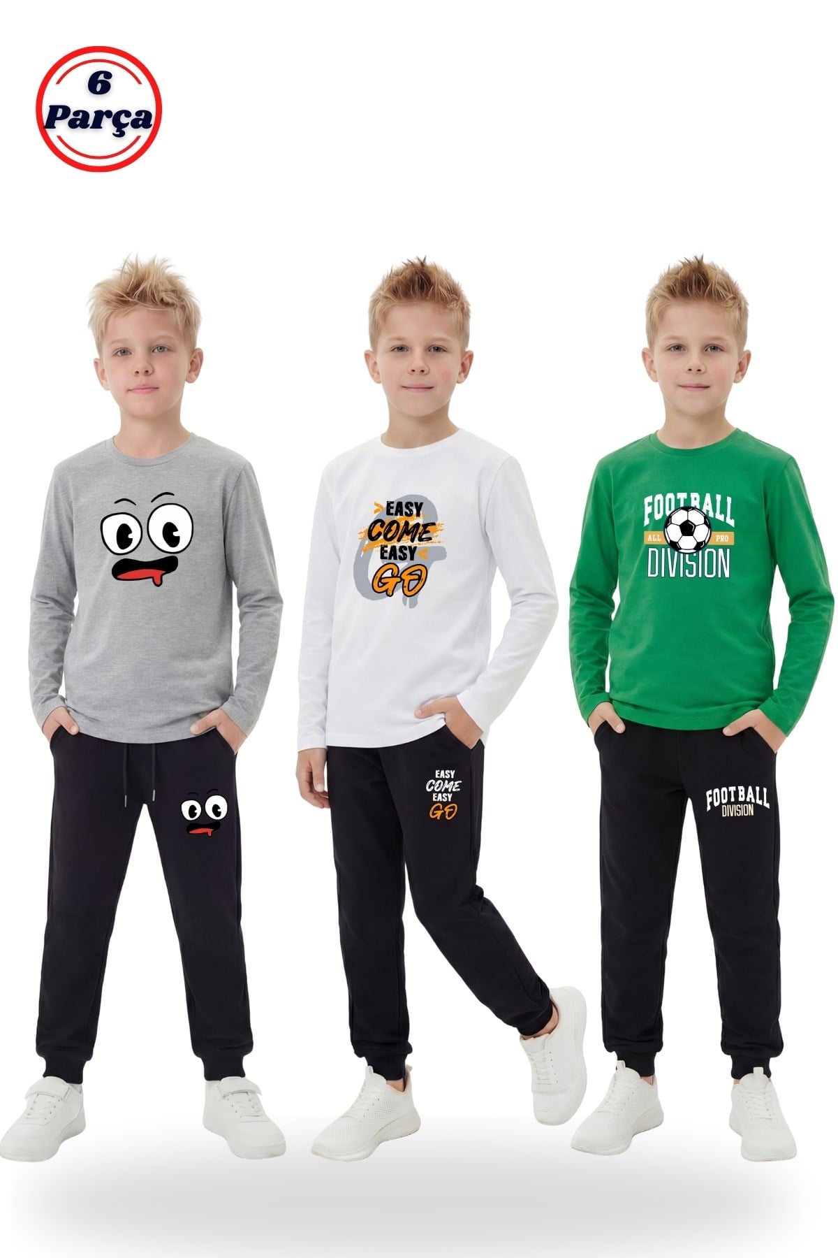 3'lü Yuvarlak Yaka Sweatshirt Siyah Eşofmanlı Baskı Detaylı 6 Parça Erkek Çocuk Alt Üst Takım