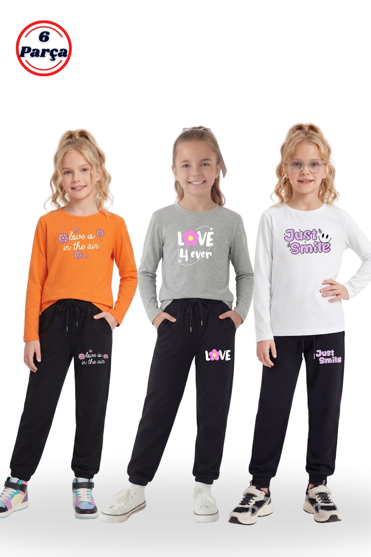 3'lü Yuvarlak Yaka Sweatshirt Siyah Eşofmanlı Baskı Detaylı 6 Parça Kız Çocuk Alt Üst Takım