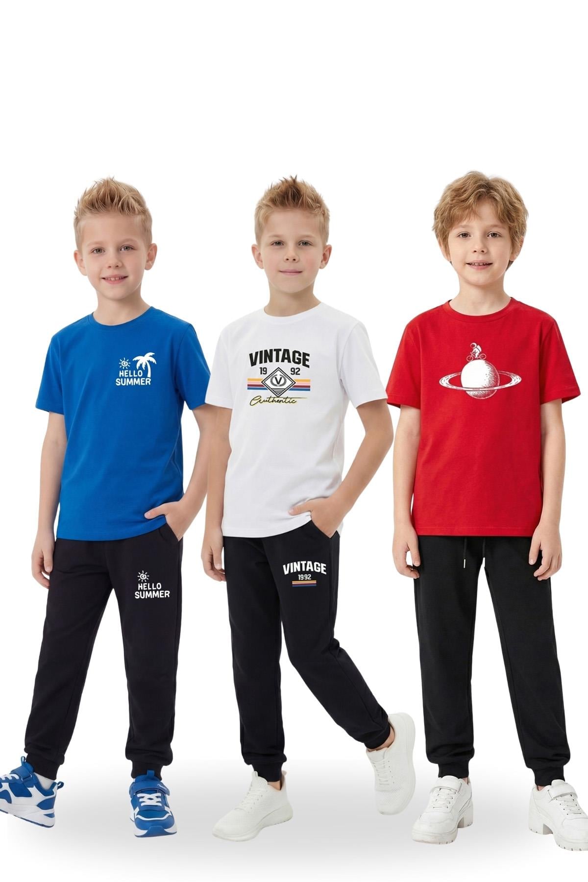 3'lü Yuvarlak Yaka Sweatshirt Siyah Eşofmanlı Baskı Detaylı 6 Parça Erkek Çocuk Alt Üst Takım