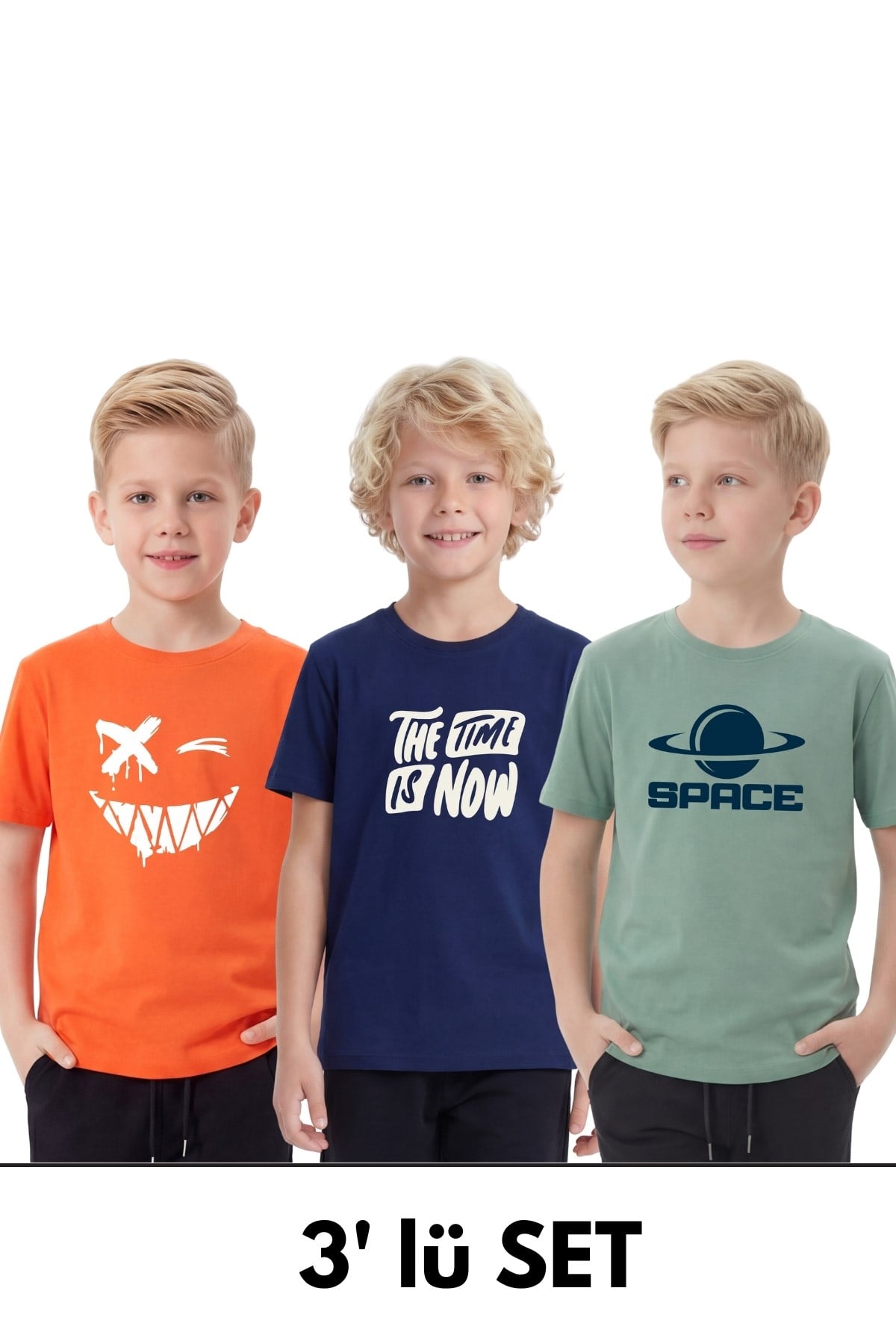3'lü Yuvarlak Yakalı Baskı Detaylı Basic 3 Parça Erkek Çocuk Tişört
