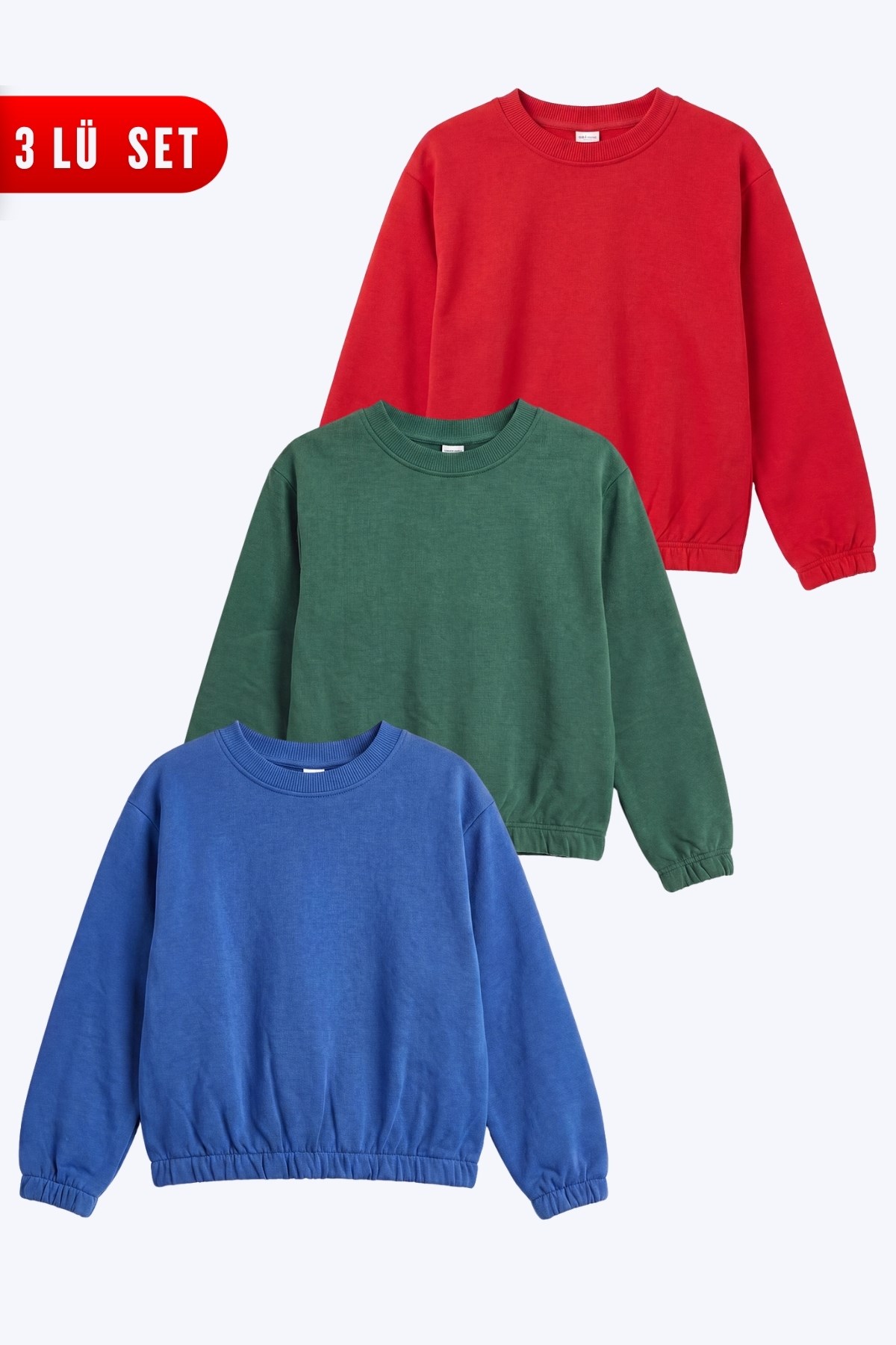 3'lü Yuvarlak Yakalı Beli Lastikli Kısa Bel 3 Parça Kız Çocuk Sweatshirt