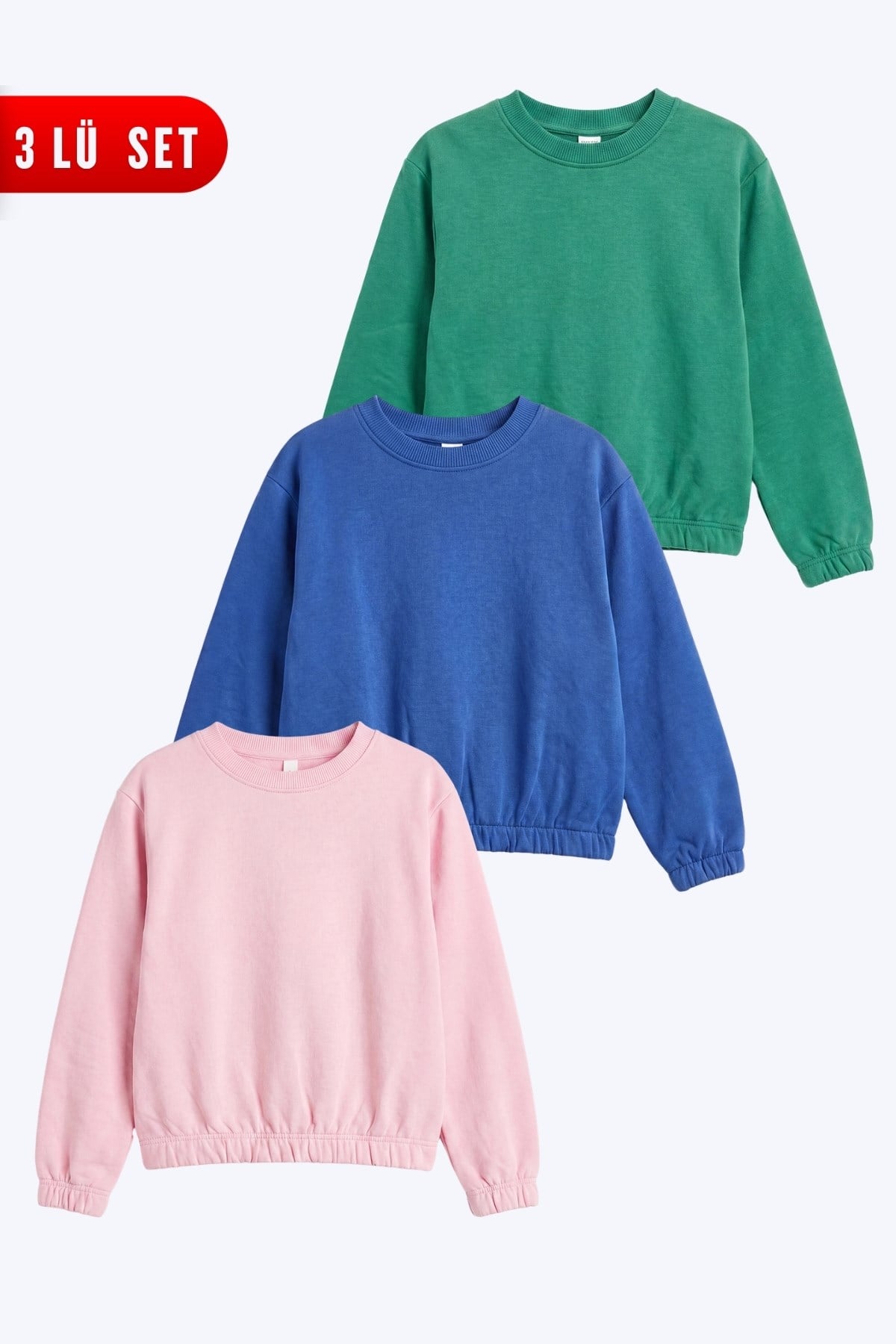3'lü Yuvarlak Yakalı Beli Lastikli Kısa Bel 3 Parça Kız Çocuk Sweatshirt