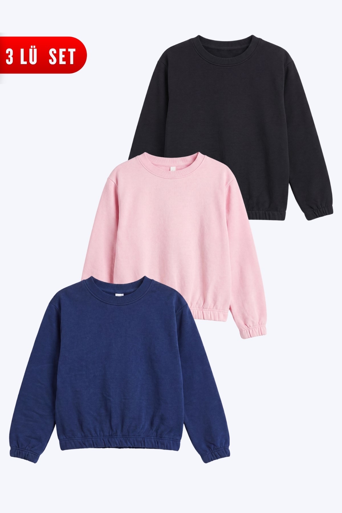 3'lü Yuvarlak Yakalı Beli Lastikli Kısa Bel 3 Parça Kız Çocuk Sweatshirt