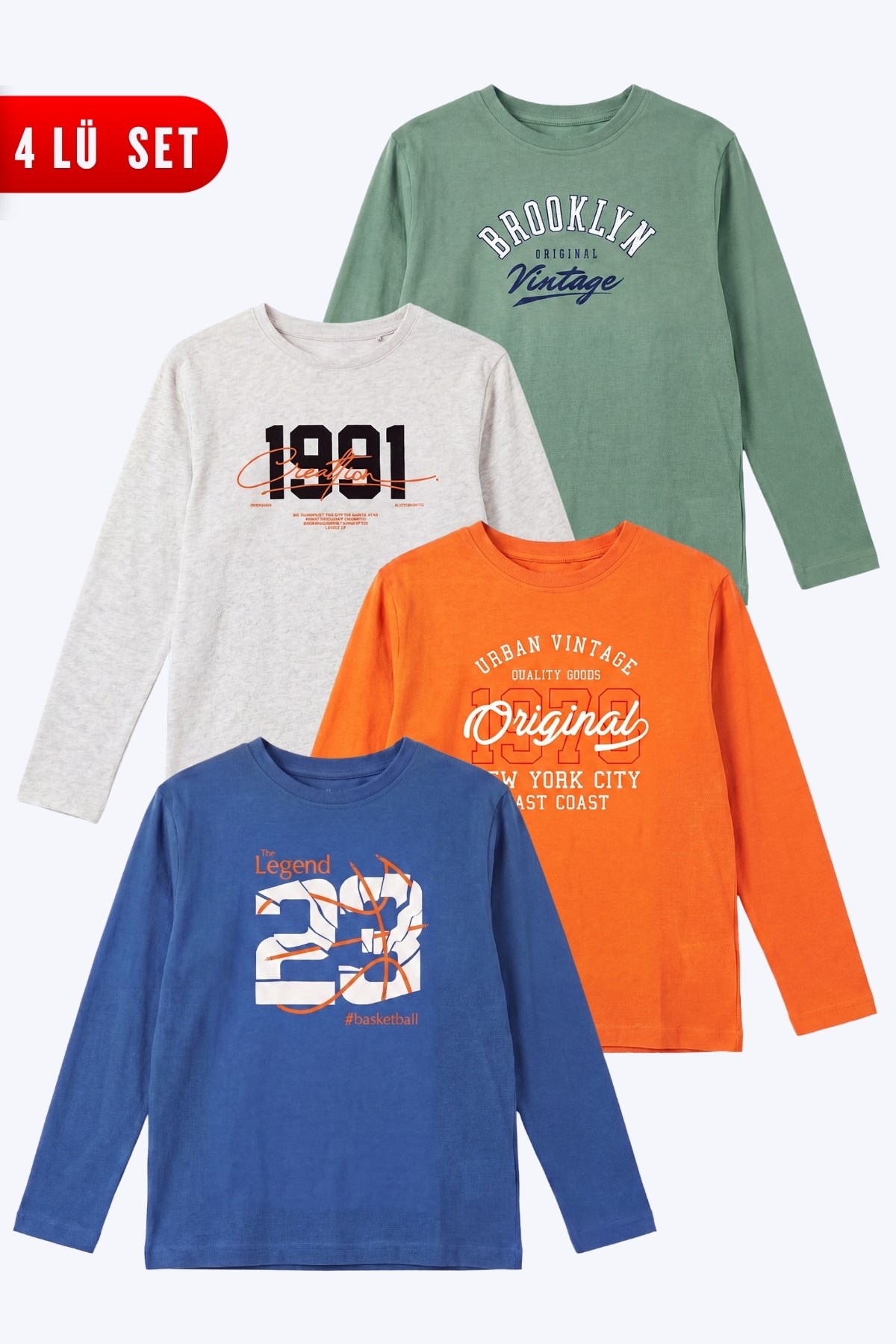 4'lü Erkek Çocuk Yuvarlak Yakalı Baskı Detaylı Sweatshirt
