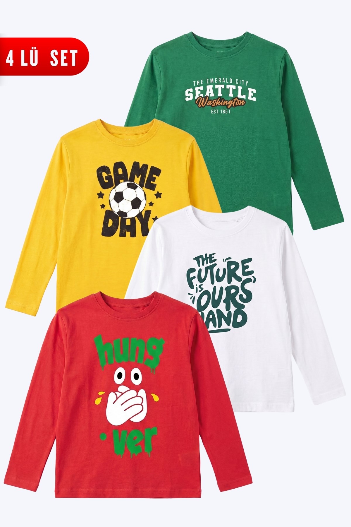4'lü Erkek Çocuk Yuvarlak Yakalı Baskı Detaylı Sweatshirt