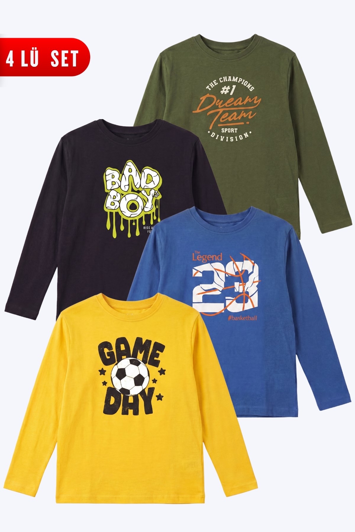 4'lü Erkek Çocuk Yuvarlak Yakalı Baskı Detaylı Sweatshirt