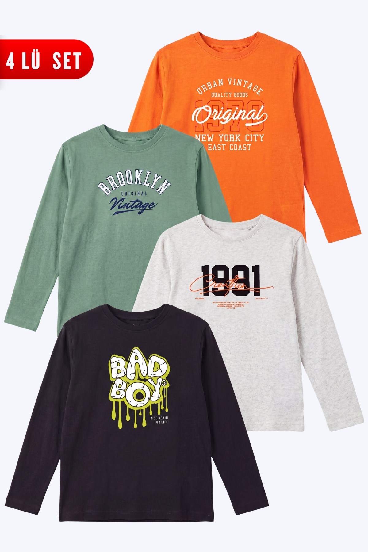 4'lü Erkek Çocuk Yuvarlak Yakalı Baskı Detaylı Sweatshirt