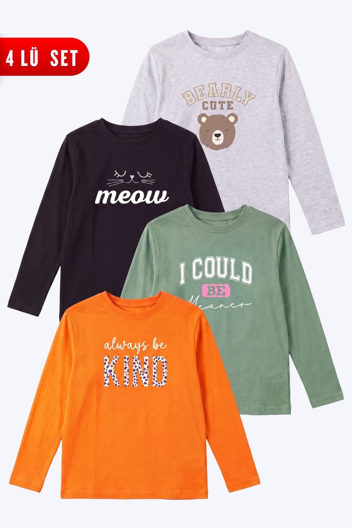 4'lü Kız Çocuk Yuvarlak Yakalı Baskı Detaylı Sweatshirt