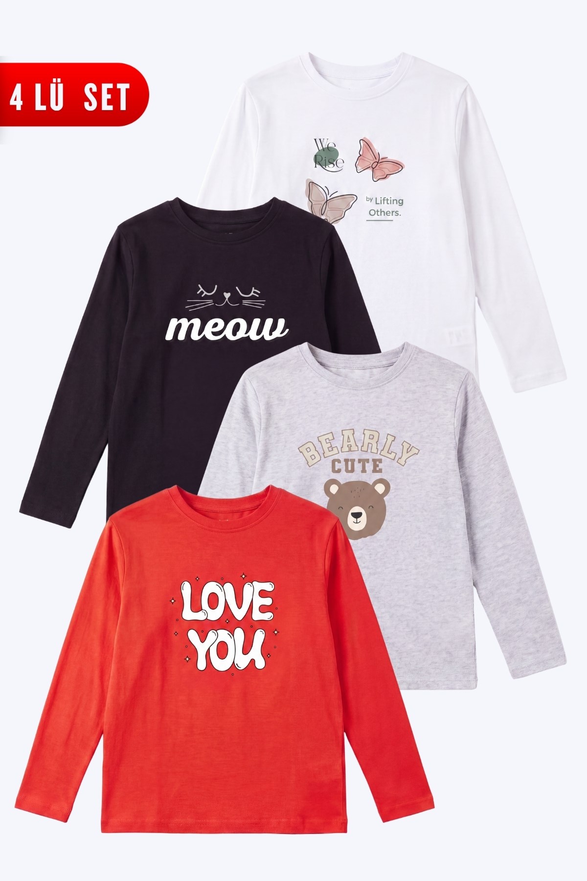 4'lü Kız Çocuk Yuvarlak Yakalı Baskı Detaylı Sweatshirt