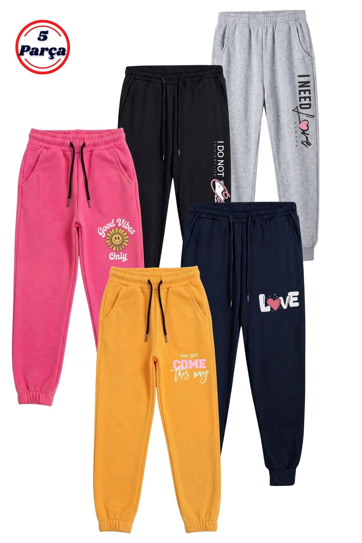 5 Li Baskı Detaylı Paçası Lastikli Jogger Kız Çocuk Eşofman Altı