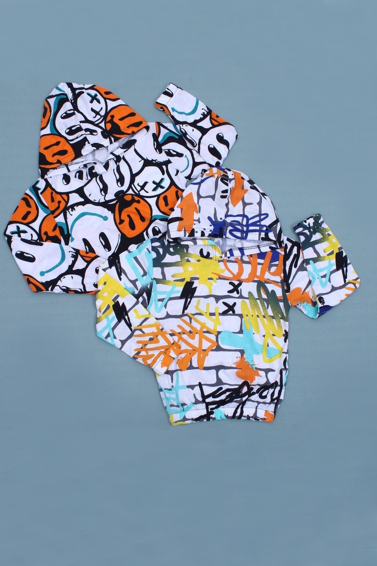 Desenli Kapüşonlu 2'li Kombin Sweatshirt