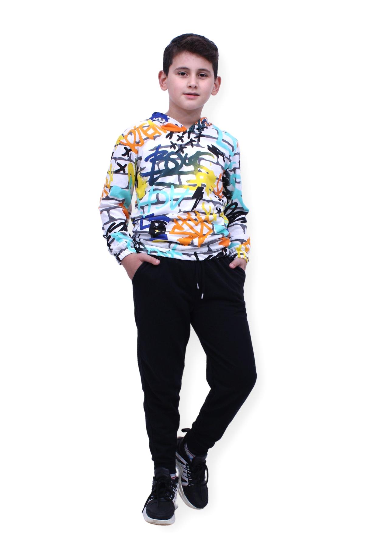 Desenli, Kapüşonlu, Unisex Sweatshirt-Eşofman Alt Üst Takım 2 İplik