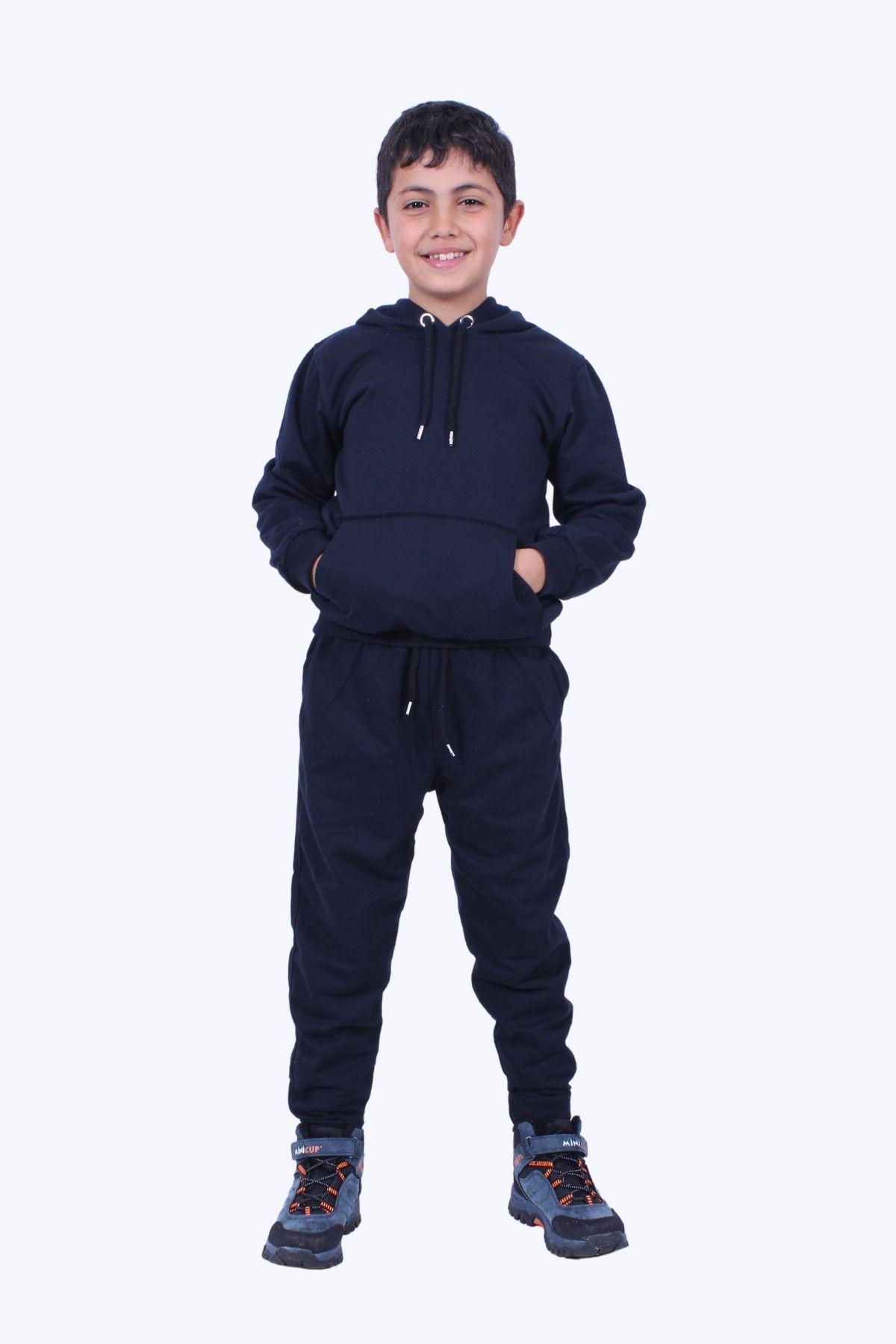 Düz Kanguru Cepli Kapşonlu Kargo Cep Erkek Çocuk Alt-Üst Eşofman Takımı