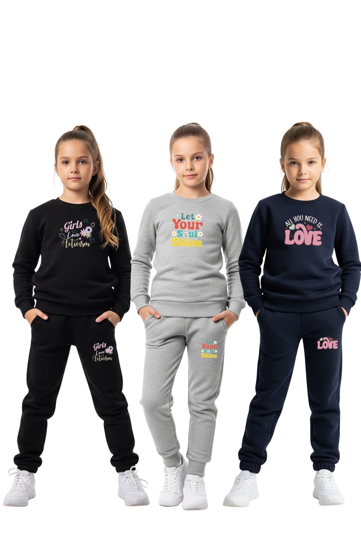 Düz Yuvarlak Yaka 3'lü Baskili Kiz Çocuk Eşofman Takimi