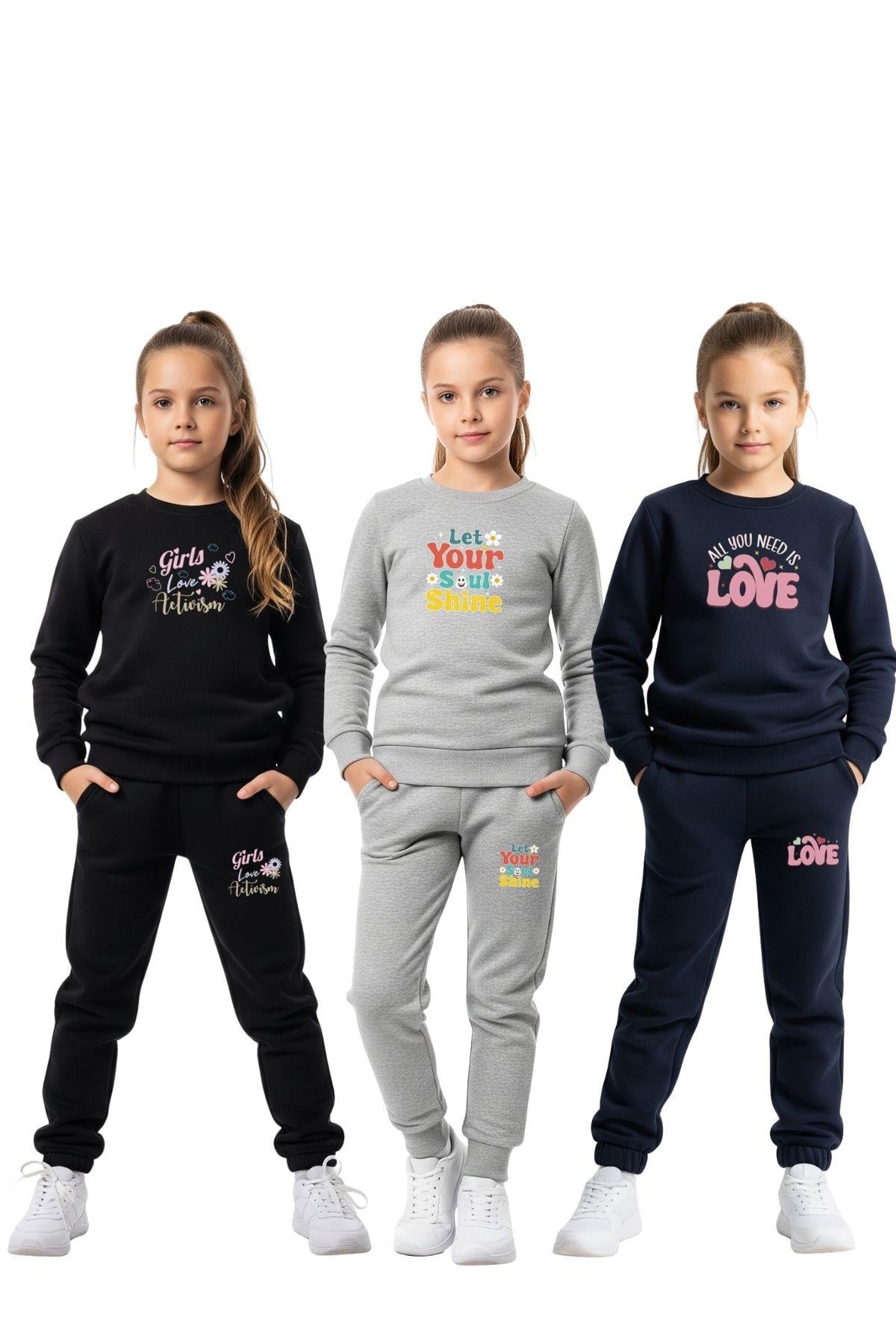 DÜZ YUVARLAK YAKA 3'lü BASKILI KIZ ÇOCUK EŞOFMAN TAKIMI