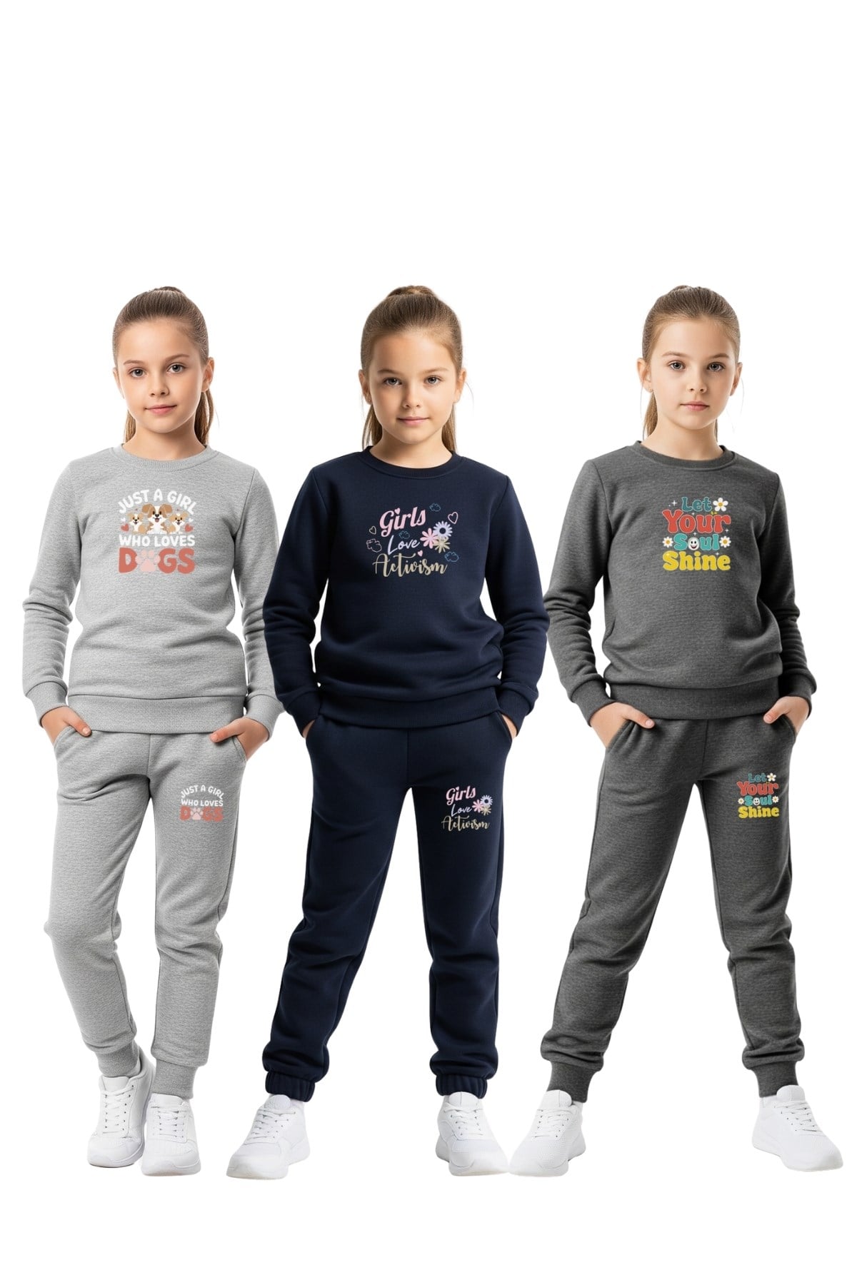 DÜZ YUVARLAK YAKA 3'lü BASKILI KIZ ÇOCUK EŞOFMAN TAKIMI
