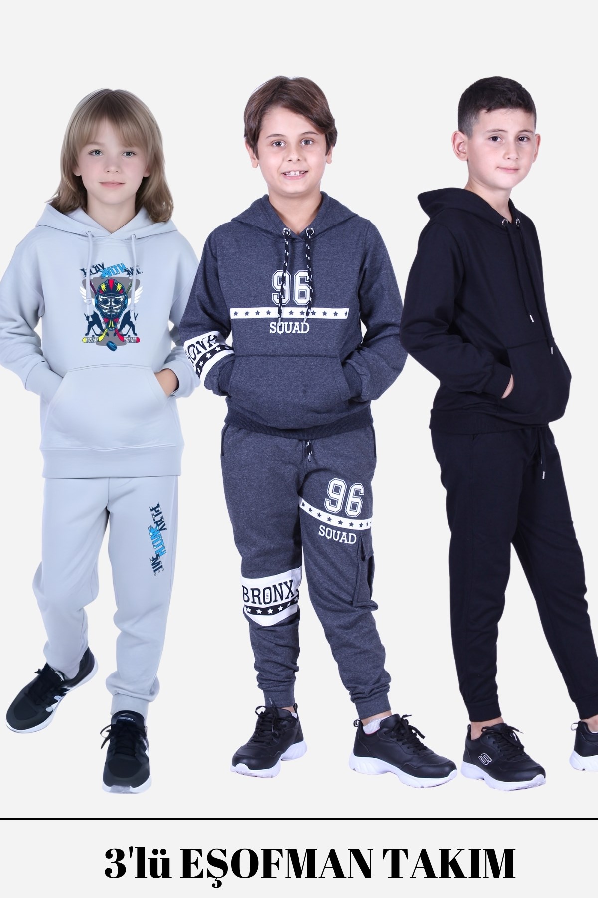 ERKEK ÇOCUK 3LÜ KAPÜŞONLU-KANGURU CEPLİ BASKI DETAYLI EŞOFMAN TAKIMI