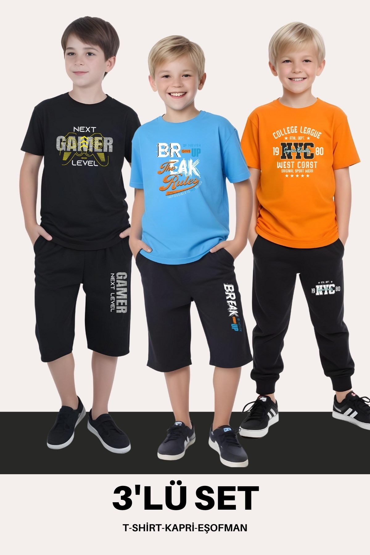 ERKEK ÇOCUK 3'LÜ SET T-SHİRT-KAPRİ-EŞOFMAN TAKIMLARI
