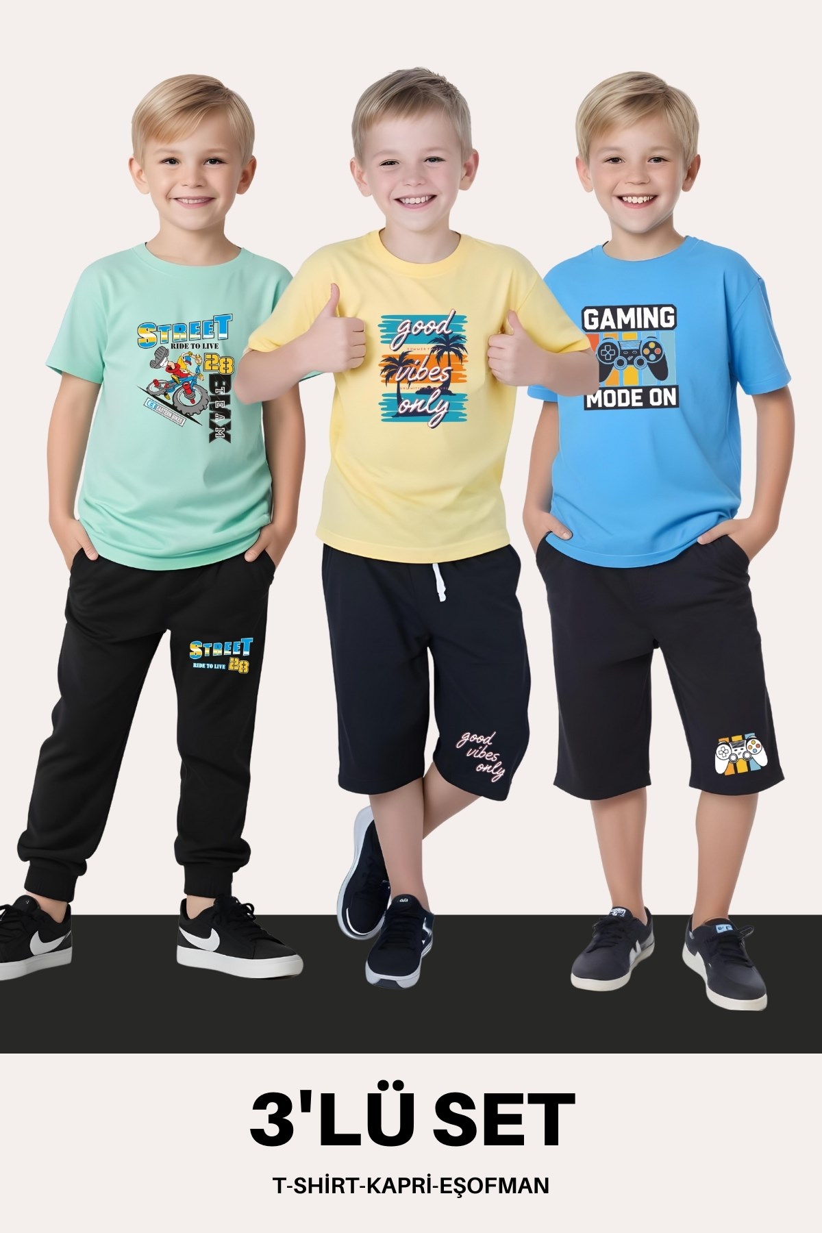 ERKEK ÇOCUK 3'LÜ SET T-SHİRT-KAPRİ-EŞOFMAN TAKIMLARI