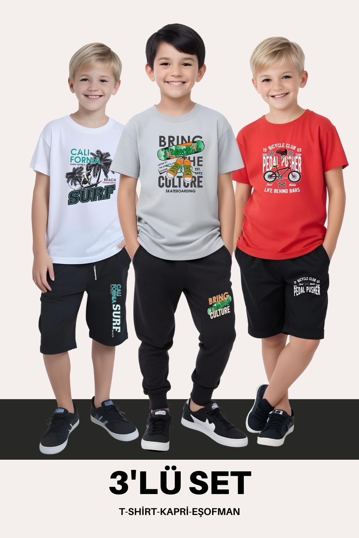 ERKEK ÇOCUK 3'LÜ SET T-SHİRT-KAPRİ-EŞOFMAN TAKIMLARI