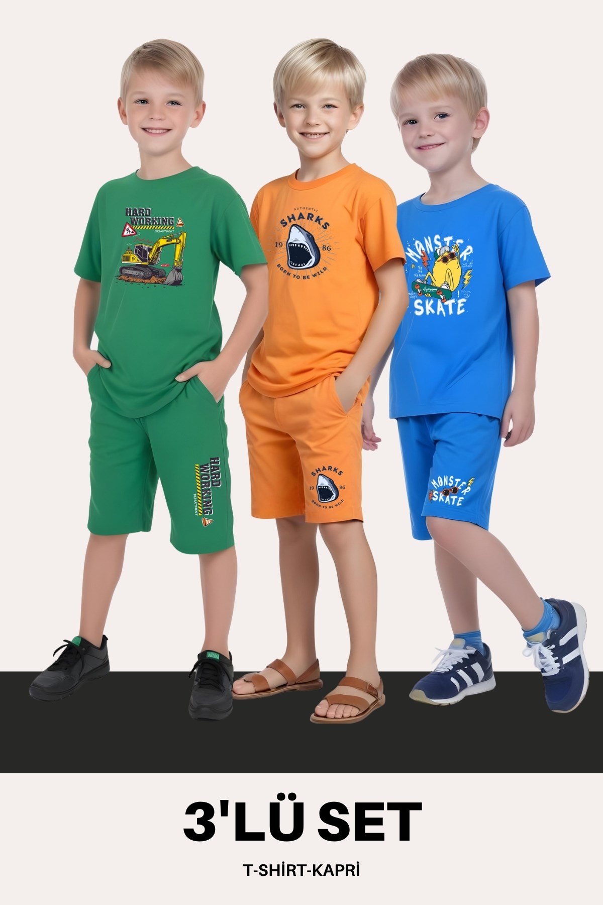 ERKEK ÇOCUK 3'LÜ SET T-SHİRT-KAPRİ TAKIMLARI