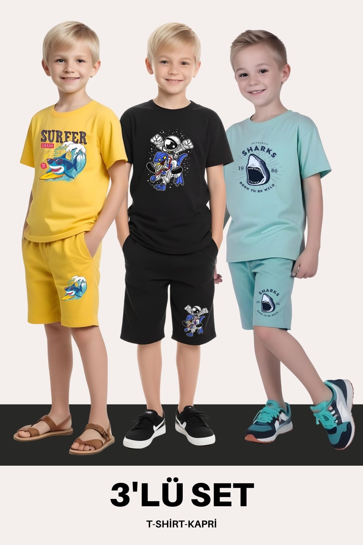 ERKEK ÇOCUK 3'LÜ SET T-SHİRT-KAPRİ TAKIMLARI