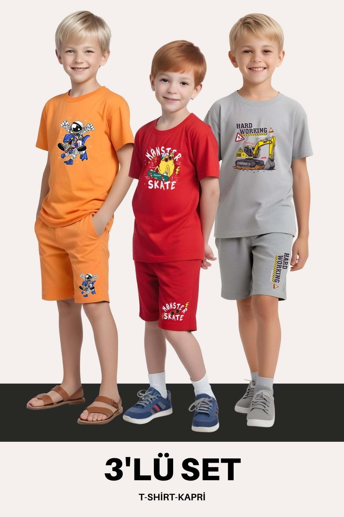 ERKEK ÇOCUK 3'LÜ SET T-SHİRT-KAPRİ TAKIMLARI