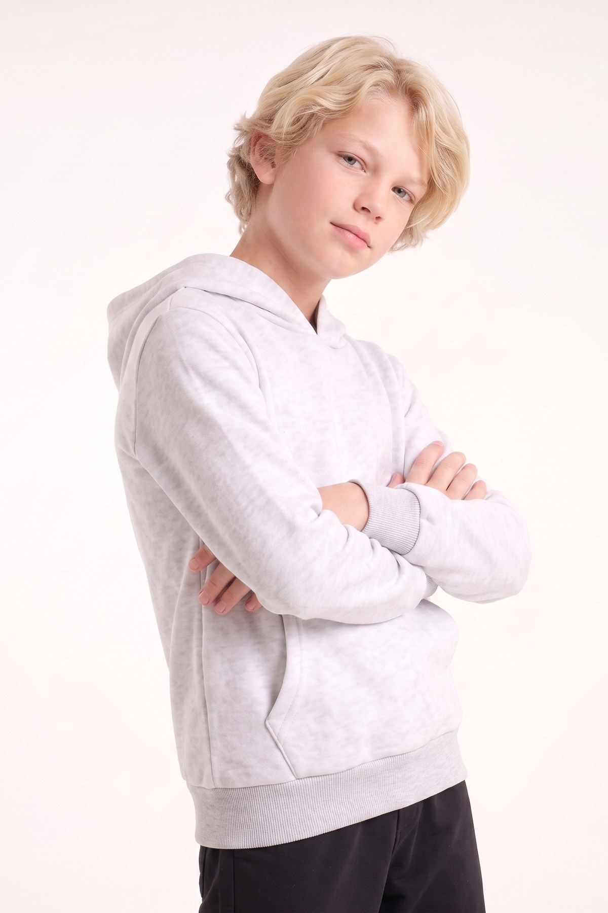 Erkek Çocuk Basic Düz Kanguru Cepli Kapüşonlu Sweatshirt