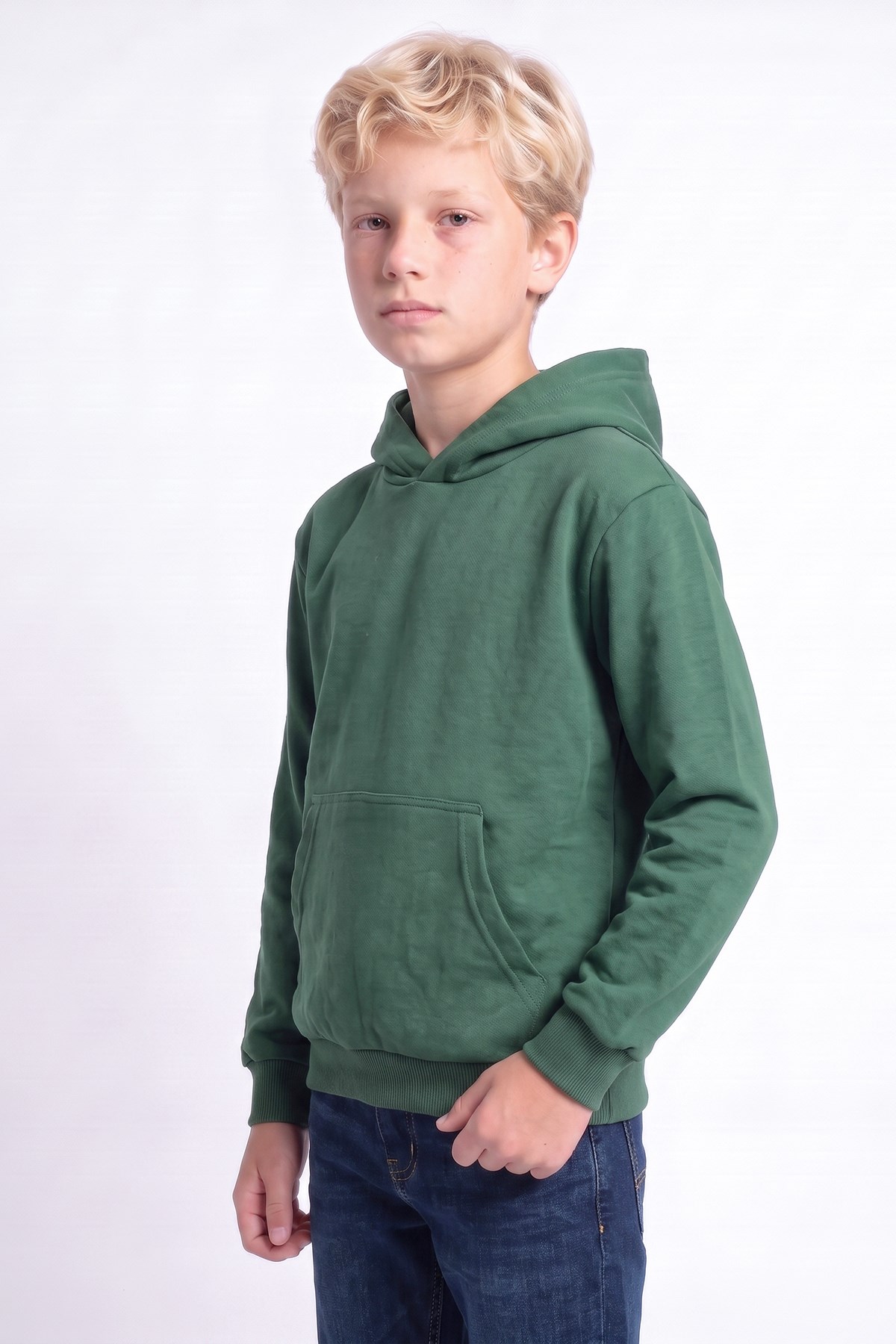 Erkek Çocuk Basic Düz Kanguru Cepli Kapüşonlu Sweatshirt