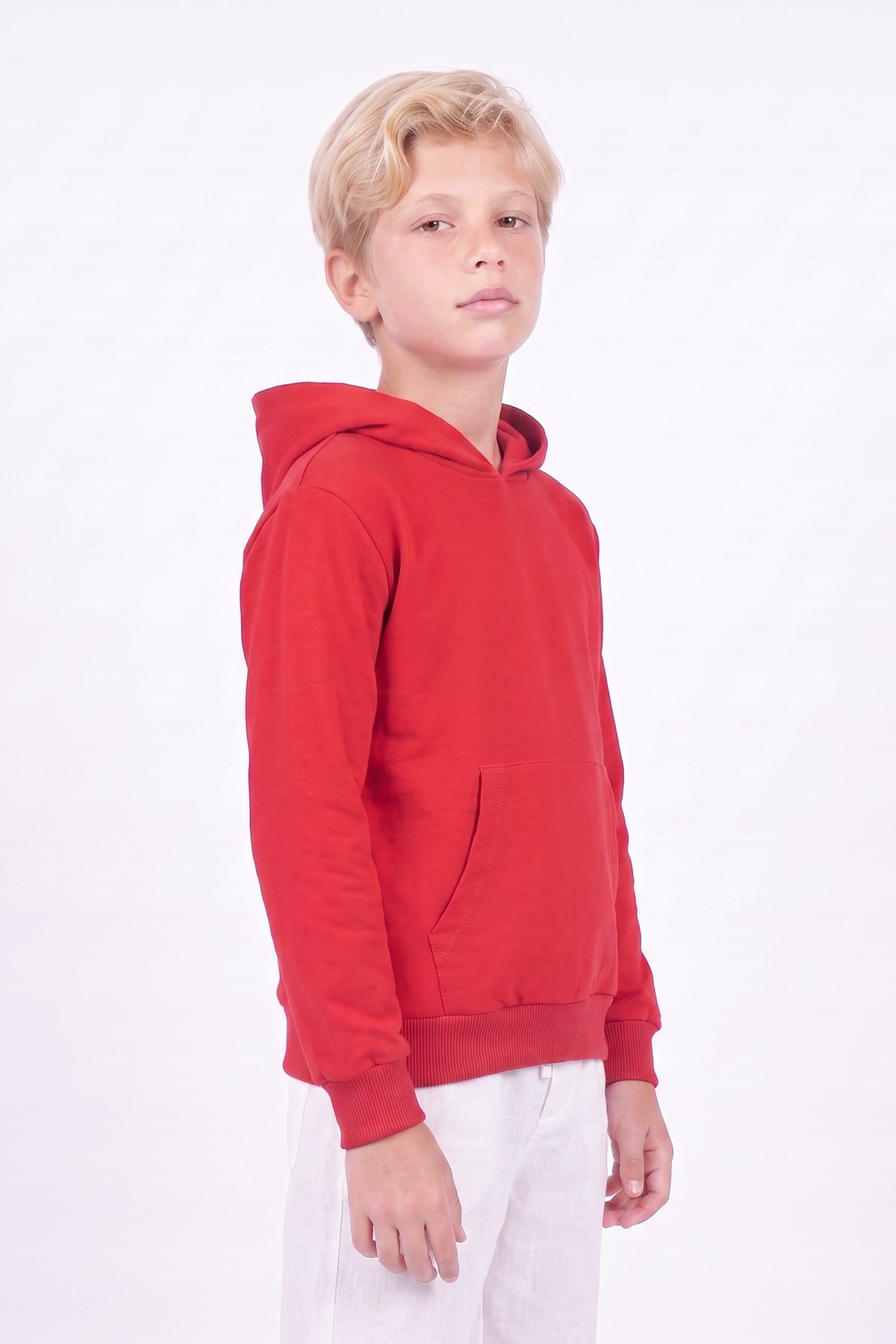 Erkek Çocuk Basic Düz Kanguru Cepli Kapüşonlu Sweatshirt