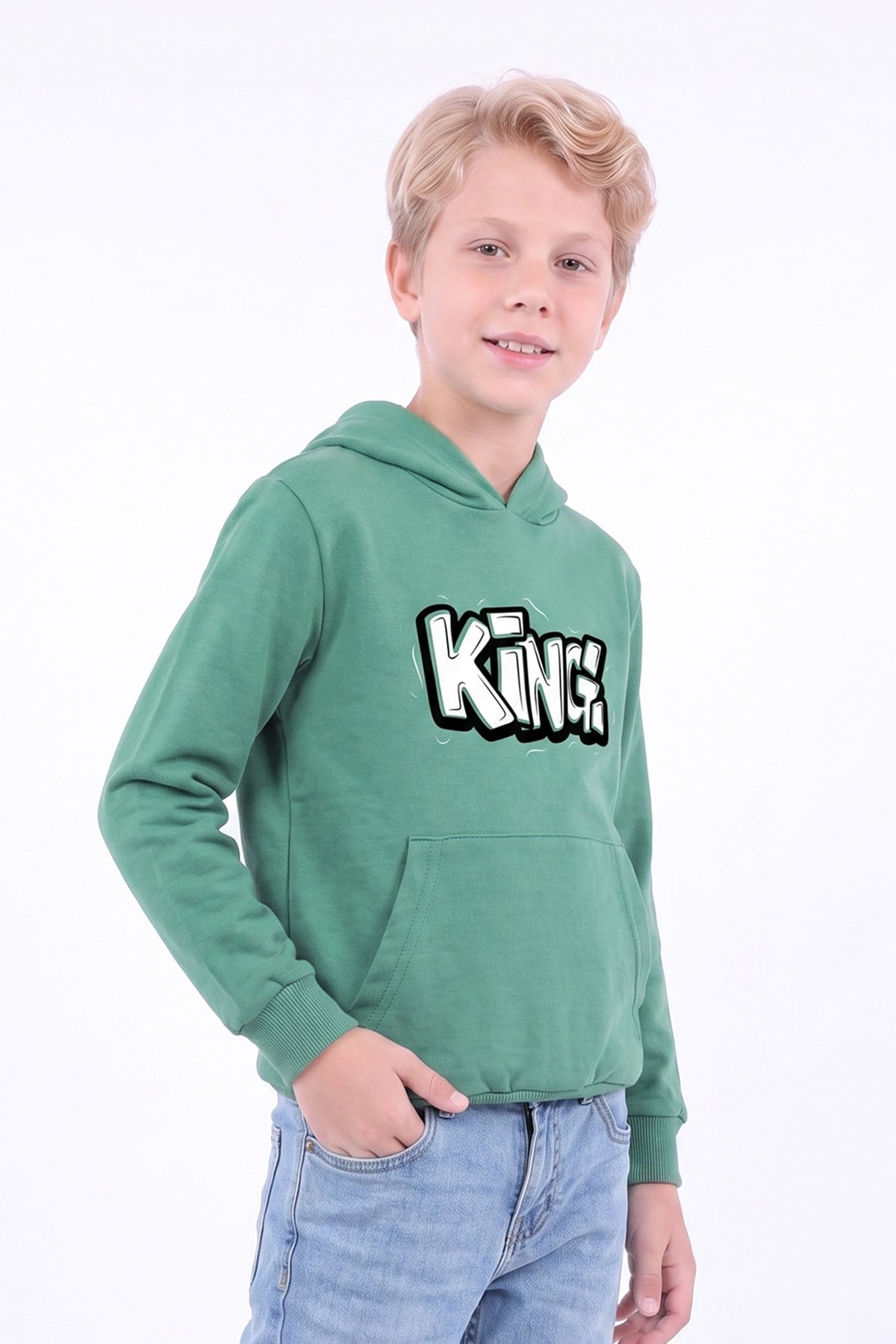 Erkek Çocuk Baskılı Kanguru Cepli Uzun Kollu Kapüşonlu Sweatshirt