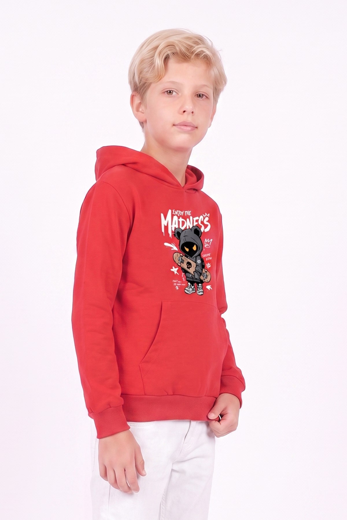 Erkek Çocuk Baskılı Kanguru Cepli Uzun Kollu Kapüşonlu Sweatshirt