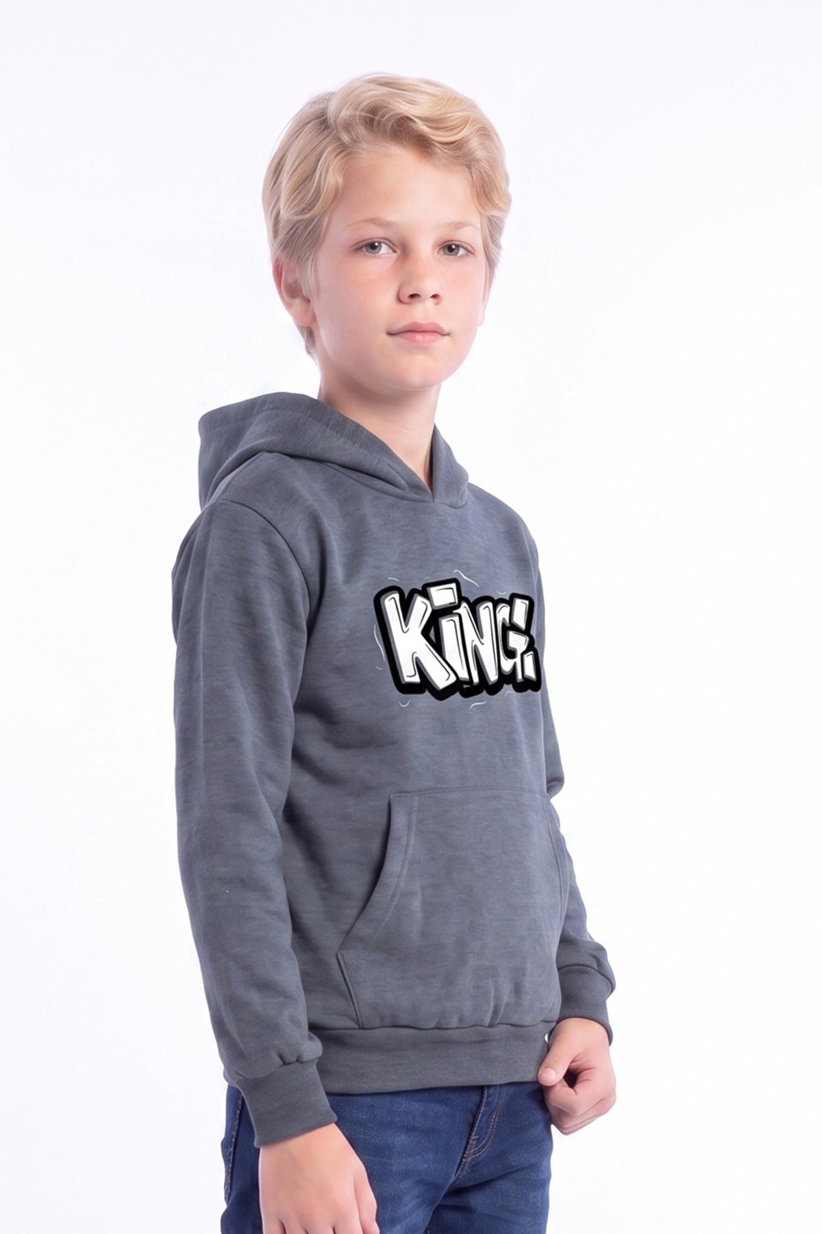 Erkek Çocuk Baskılı Kanguru Cepli Uzun Kollu Kapüşonlu Sweatshirt