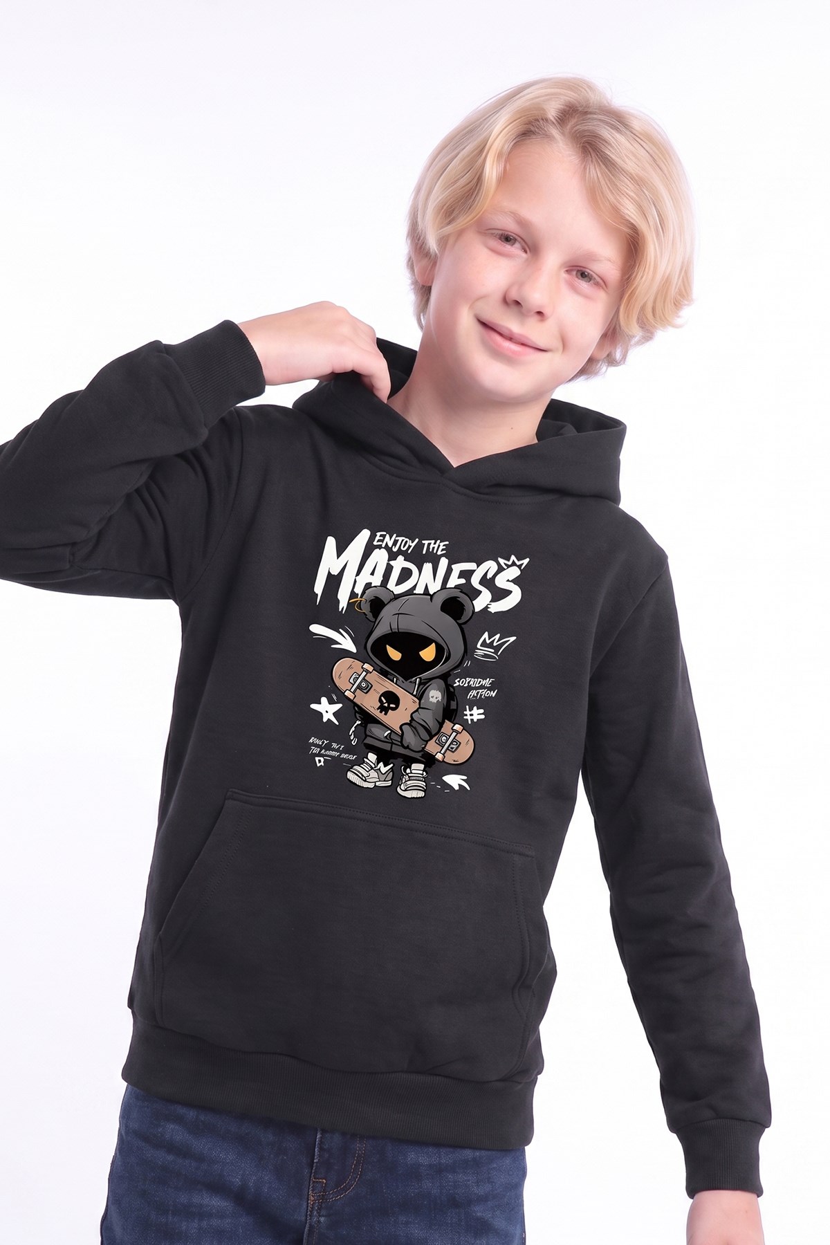 Erkek Çocuk Baskılı Kanguru Cepli Uzun Kollu Kapüşonlu Sweatshirt