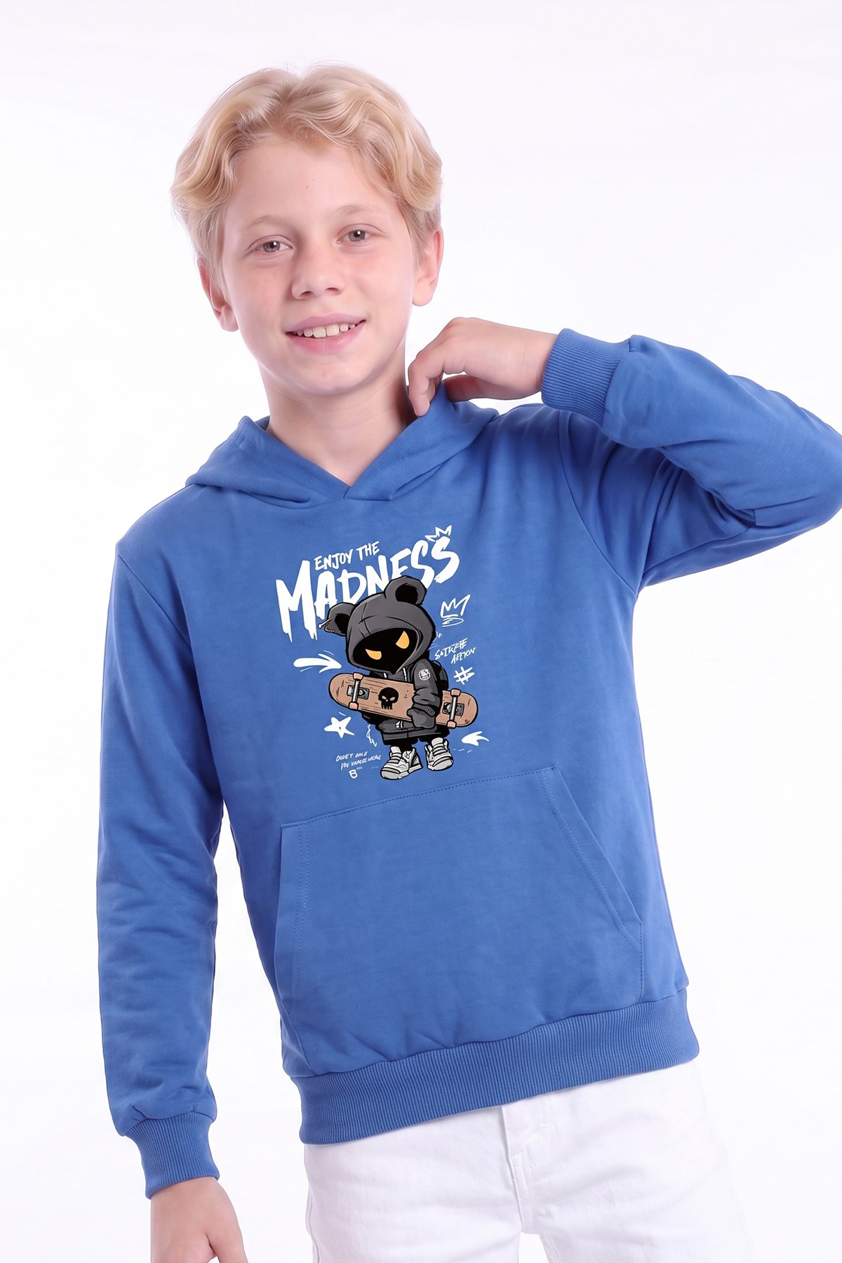 Erkek Çocuk Baskılı Kanguru Cepli Uzun Kollu Kapüşonlu Sweatshirt