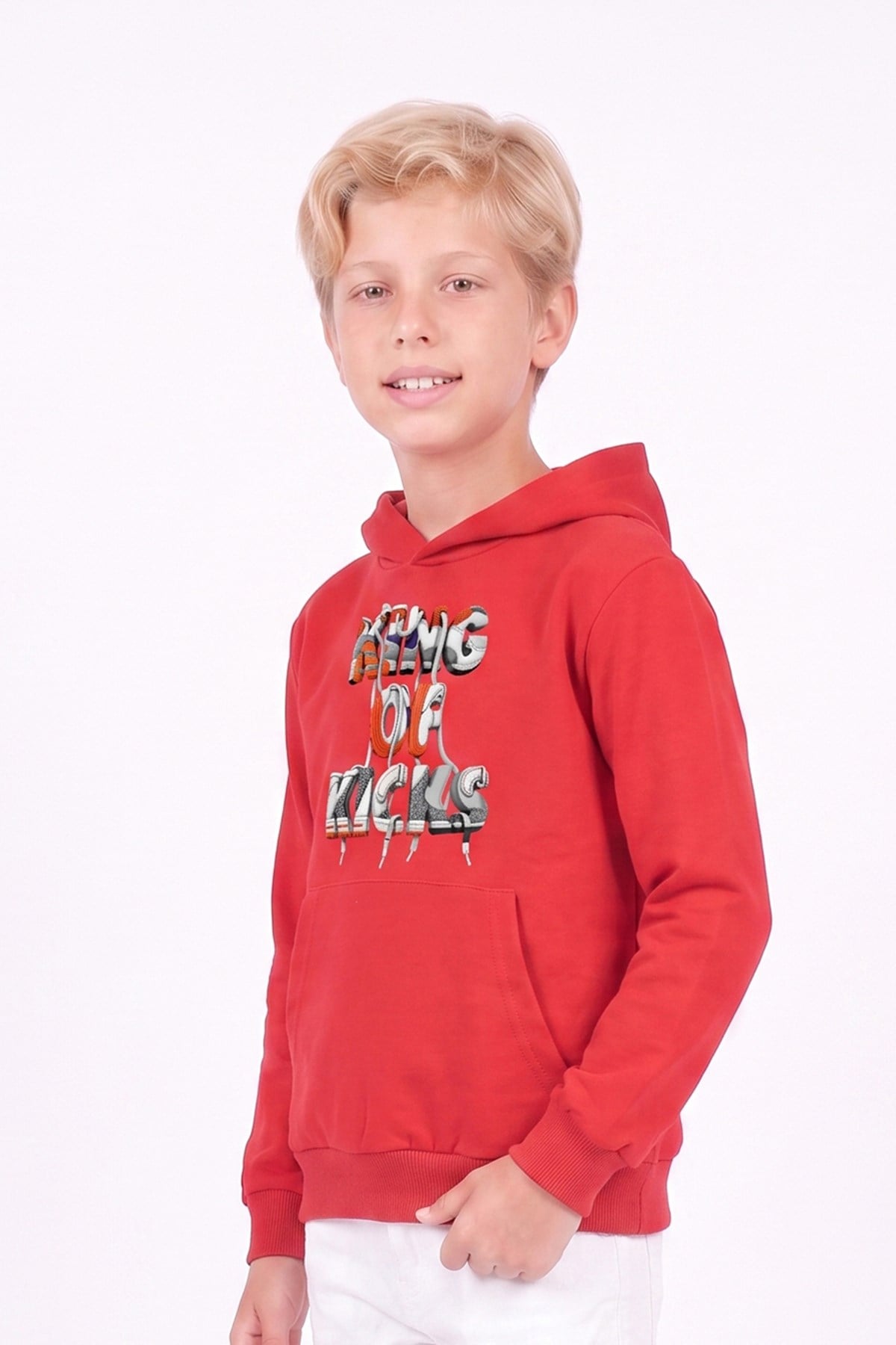 Erkek Çocuk Baskılı Kanguru Cepli Uzun Kollu Kapüşonlu Sweatshirt