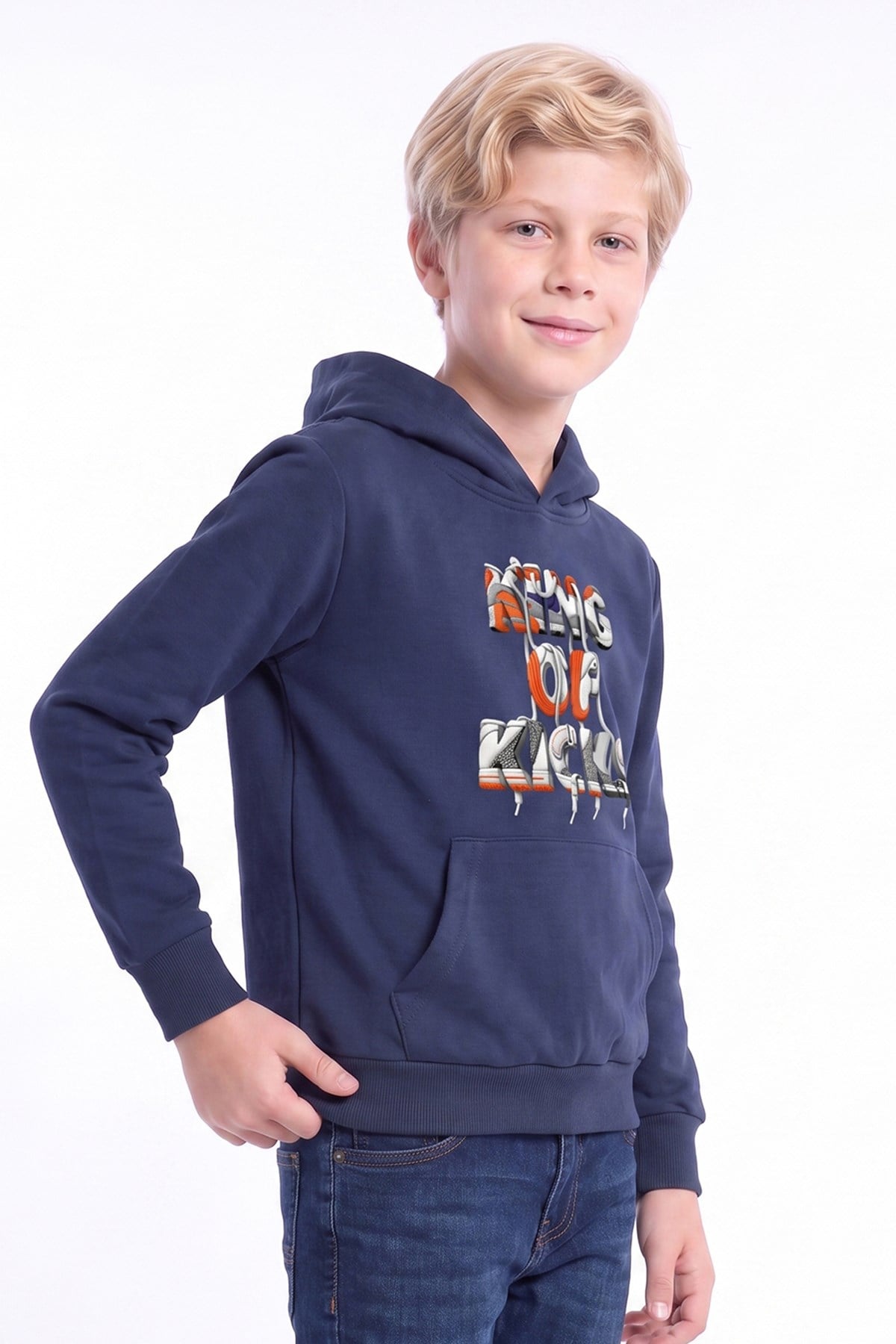 Erkek Çocuk Baskılı Kanguru Cepli Uzun Kollu Kapüşonlu Sweatshirt